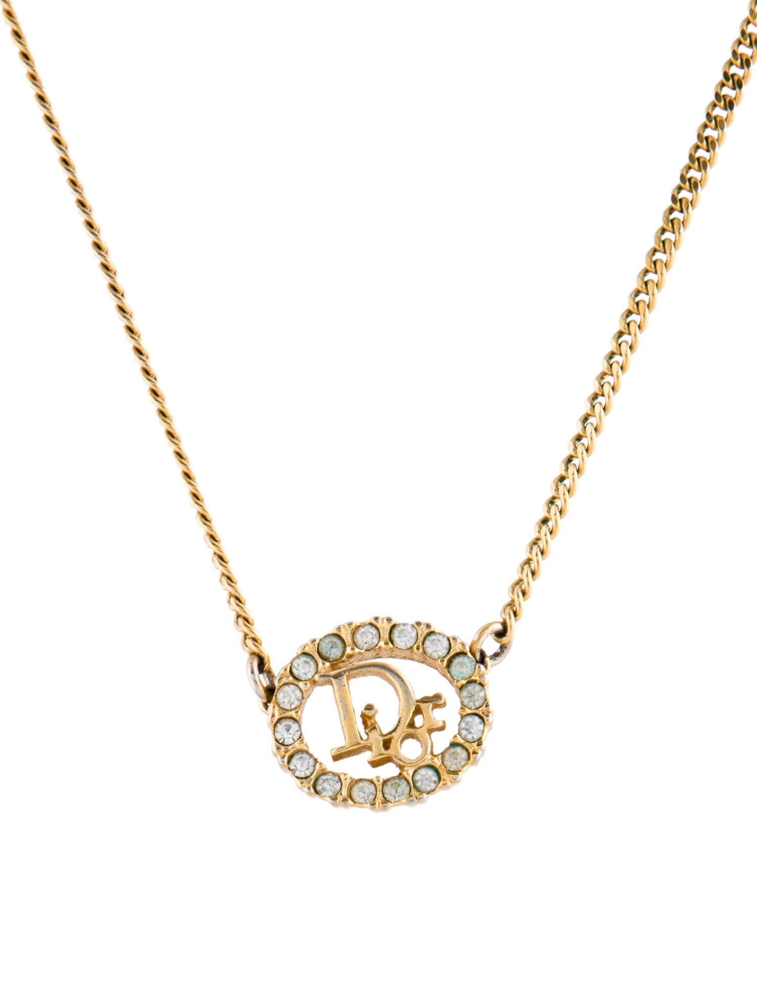Christian Dior Vintage Crystal Logo Pendant Necklace
