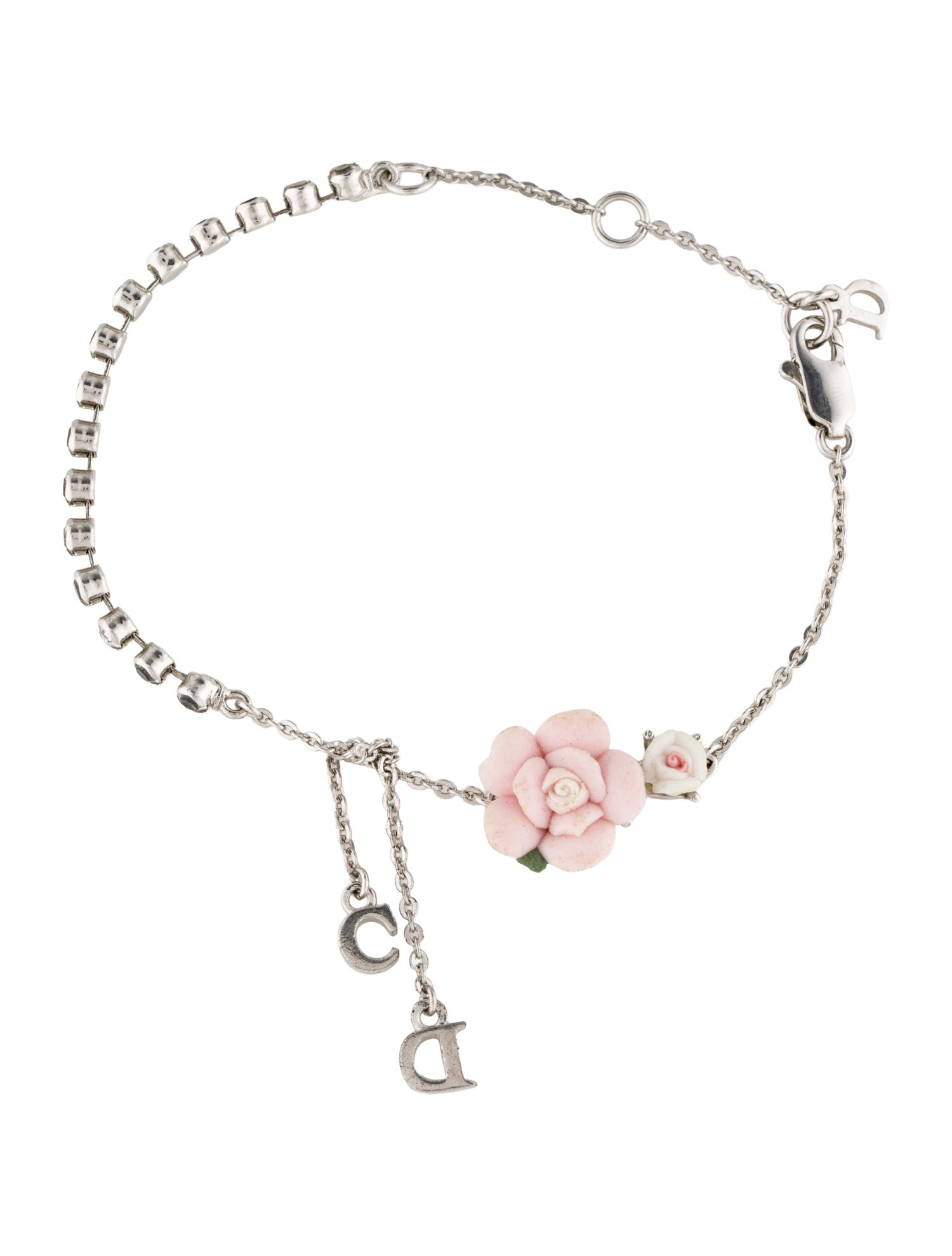 Christian Dior Crystal & Ceramic Flower CD Charm Bracelet