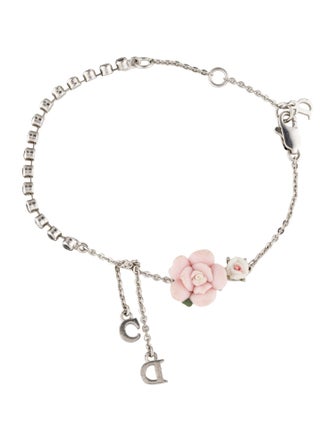 Christian Dior Crystal & Ceramic Flower CD Charm Bracelet