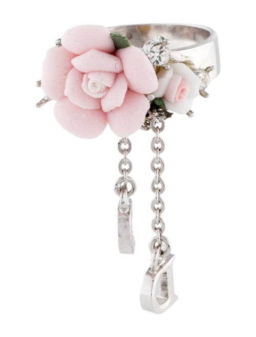 Christian Dior Crystal & Resin Flower CD Charm Ring
