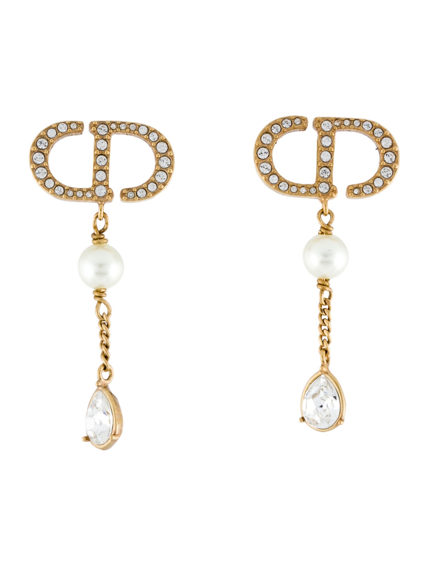 Christian Dior Faux Pearl & Crystal Petit CD Drop Earrings