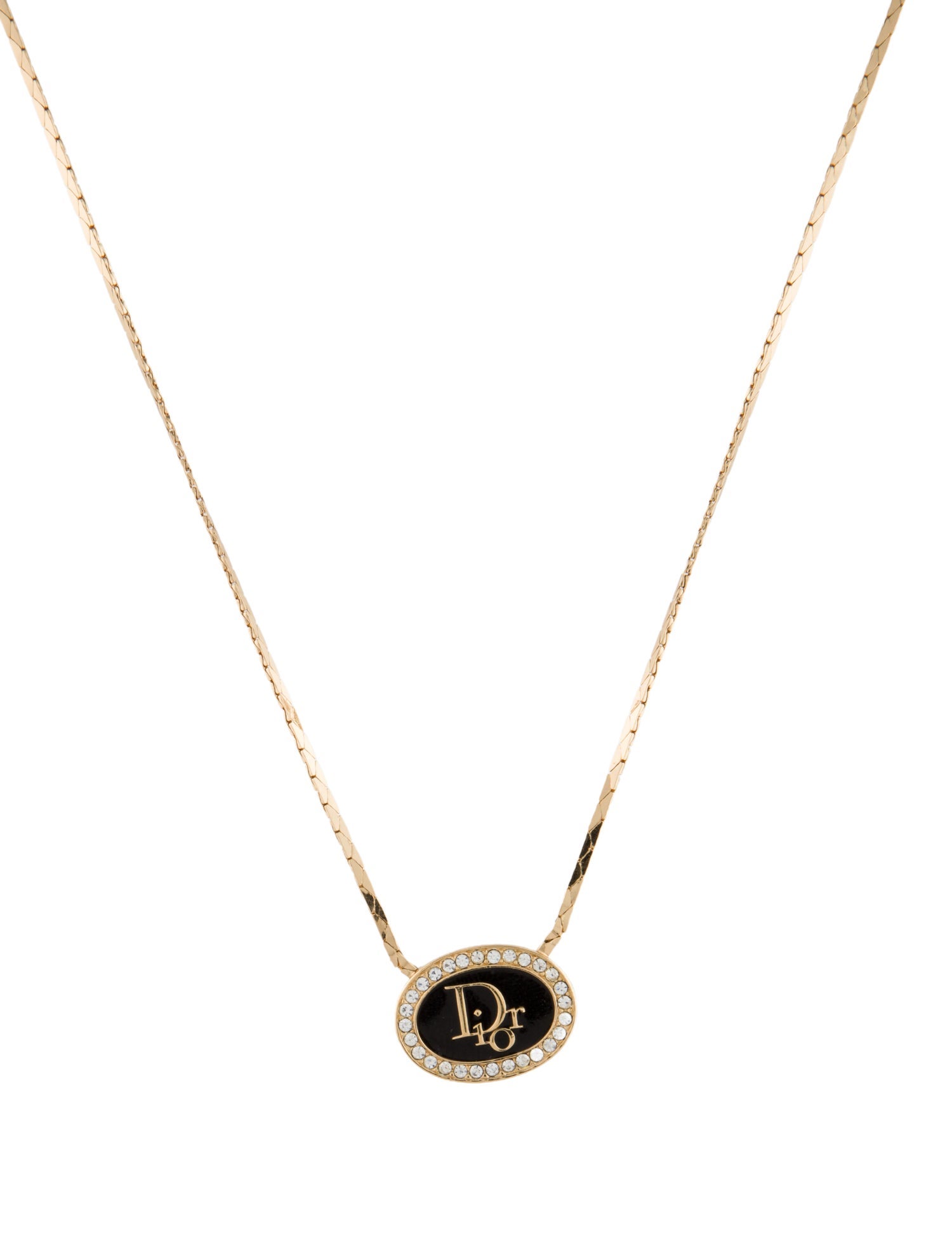 Christian Dior Vintage Enamel & Crystal Logo Pendant Necklace