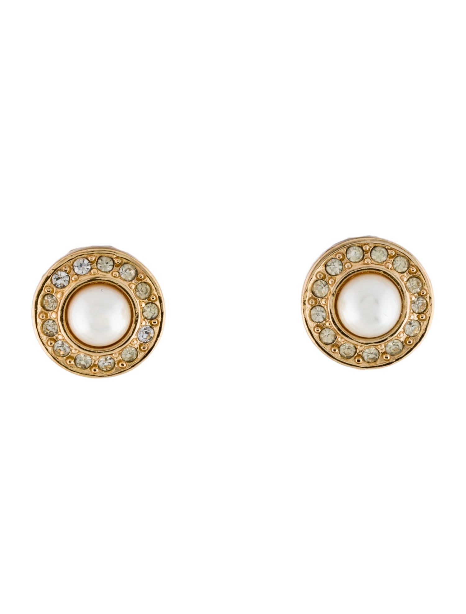 Christian Dior Vintage Faux Pearl & Crystal Clip On Earrings