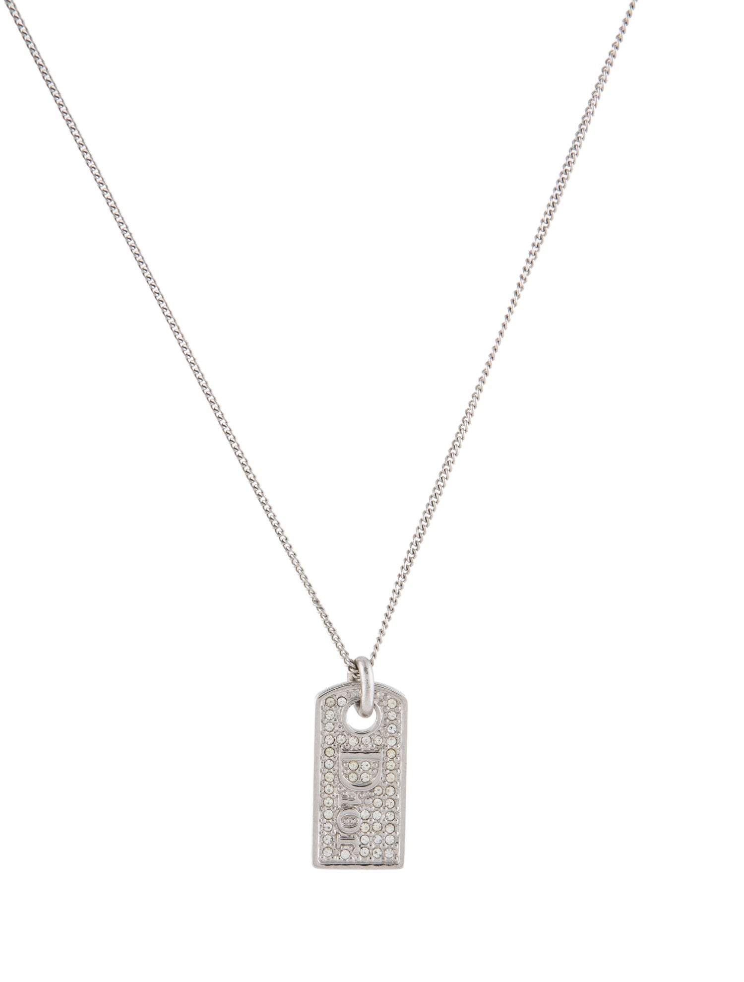 Christian Dior Crystal Logo Dog Tag Pendant Necklace