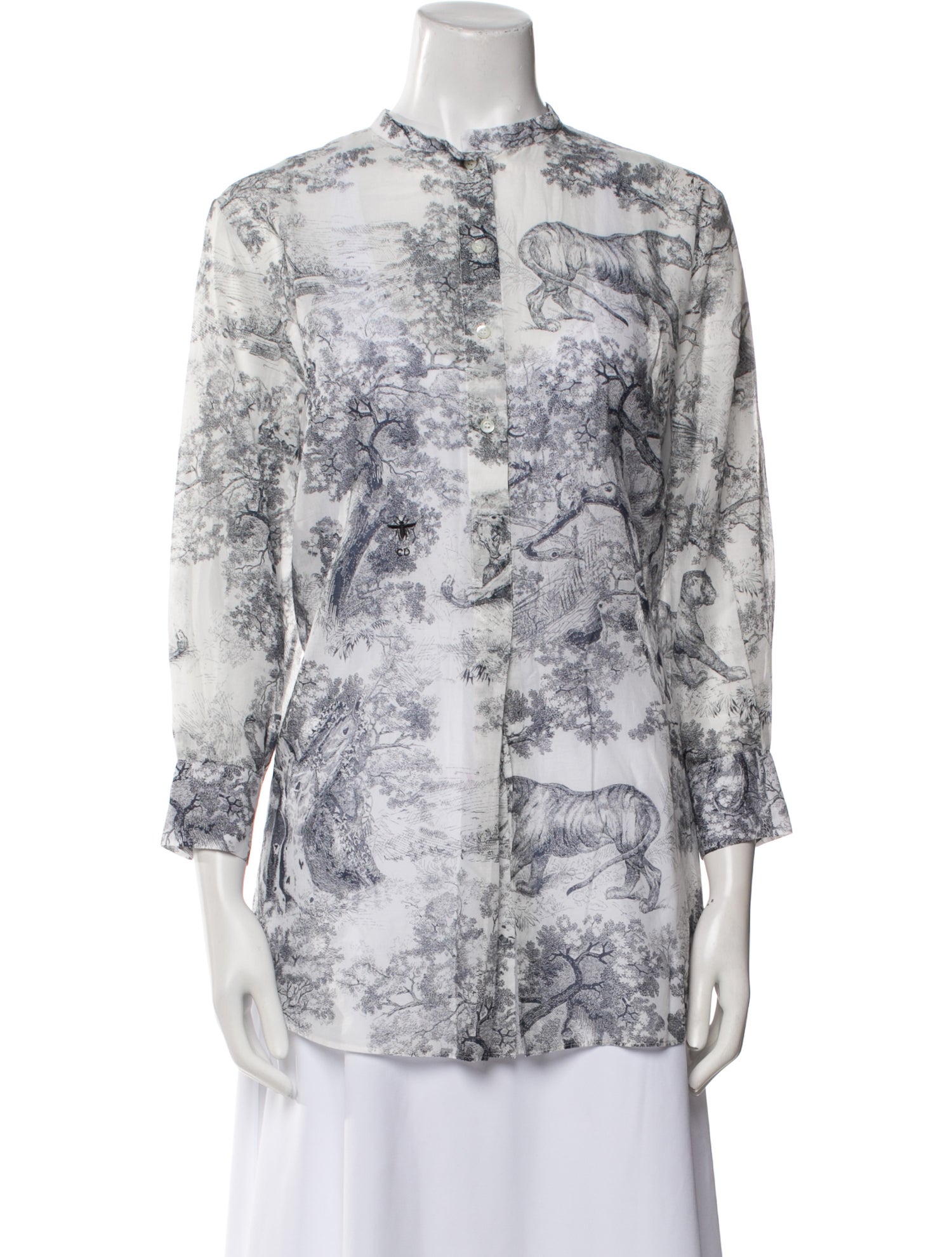 Christian Dior Floral Print Mock Neck Button-Up Top