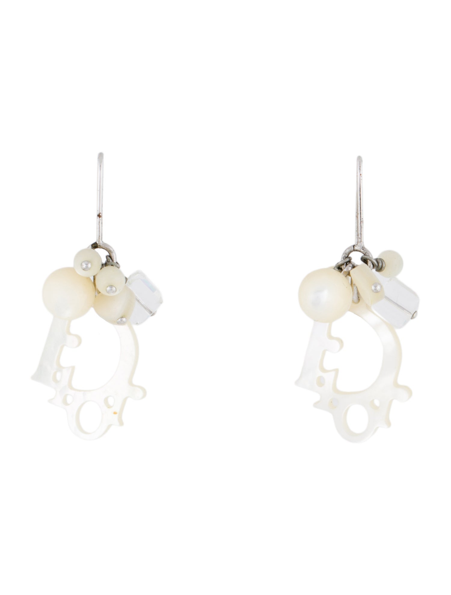 Christian Dior Mother of Pearl & Crystal Logo Drop Earrings