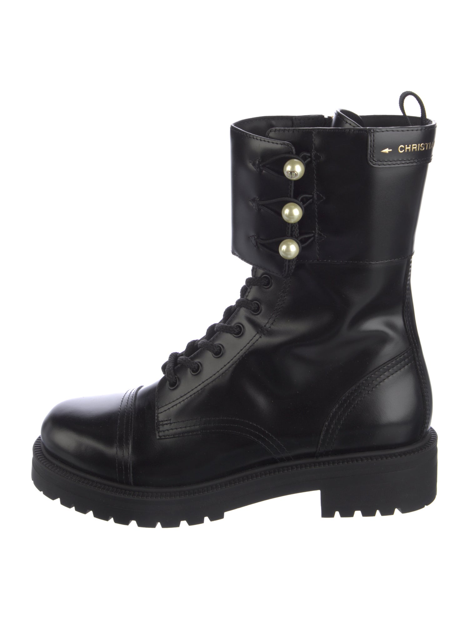 Christian Dior Faux Pearl Accents Patent Leather Combat Boots