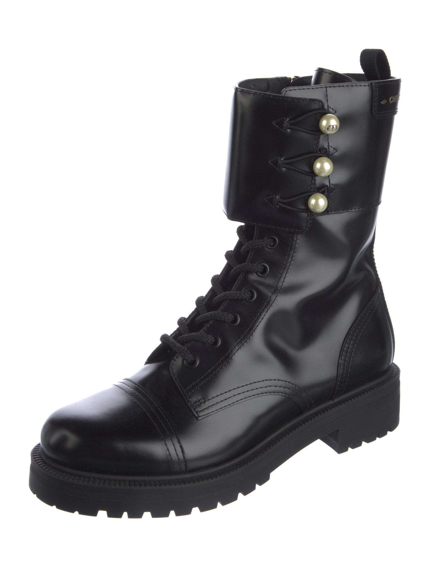 Christian Dior Faux Pearl Accents Patent Leather Combat Boots