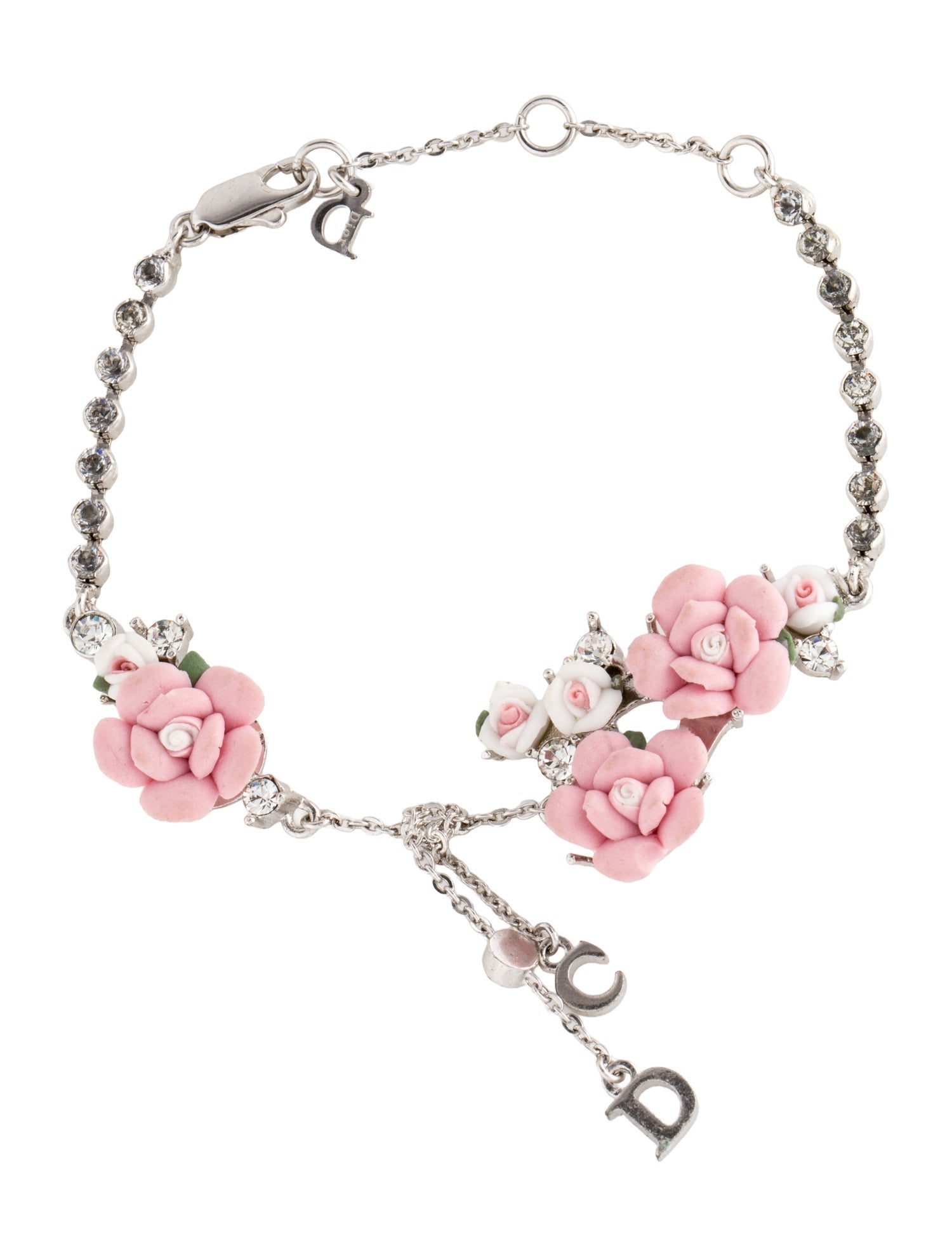 Christian Dior Crystal & Ceramic Floral Charm Bracelet