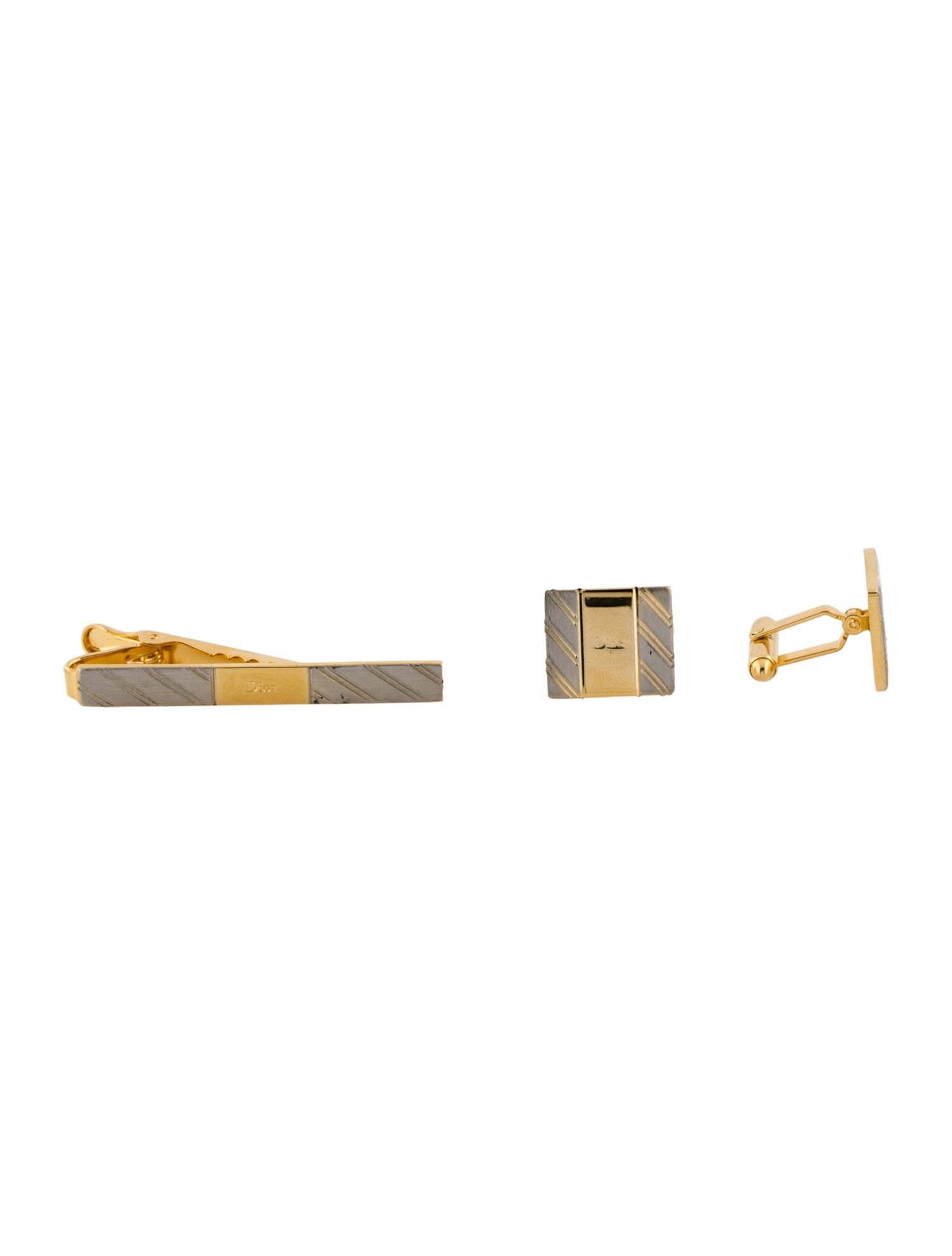 Christian Dior Vintage Logo Tie Clip & Cufflinks Set