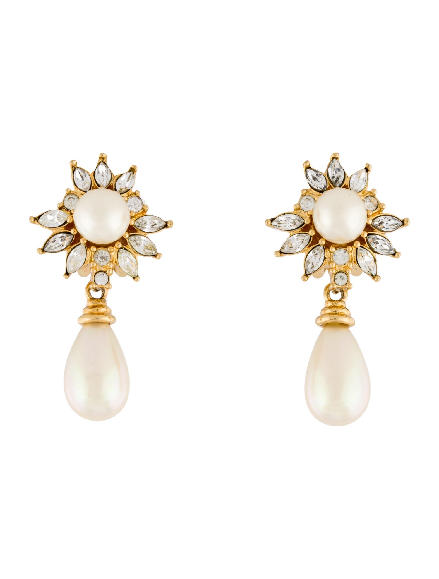 Christian Dior Vintage Faux Pearl & Crystal Clip-On Drop Earrings