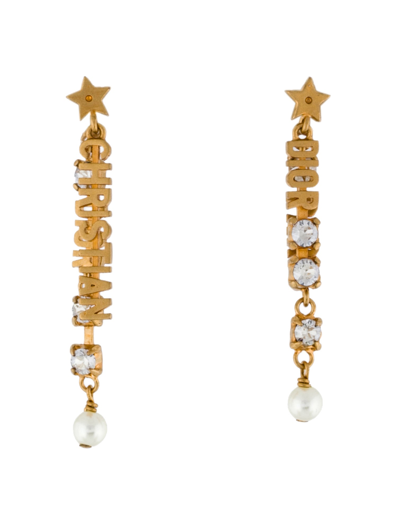 Christian Dior Faux Pearl & Crystal Logo Drop Earrings