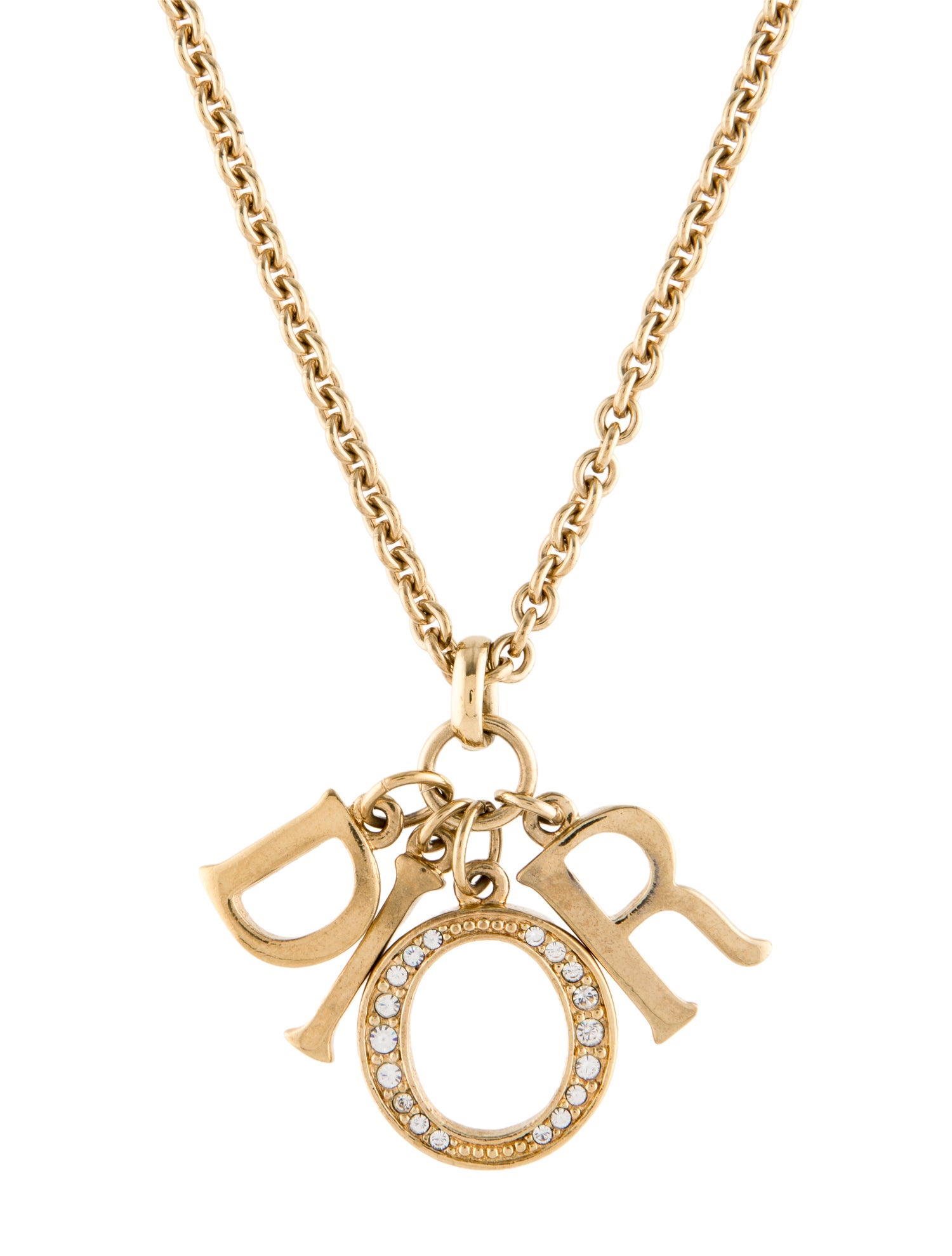 Christian Dior Vintage Crystal Logo Letter Pendant Necklace