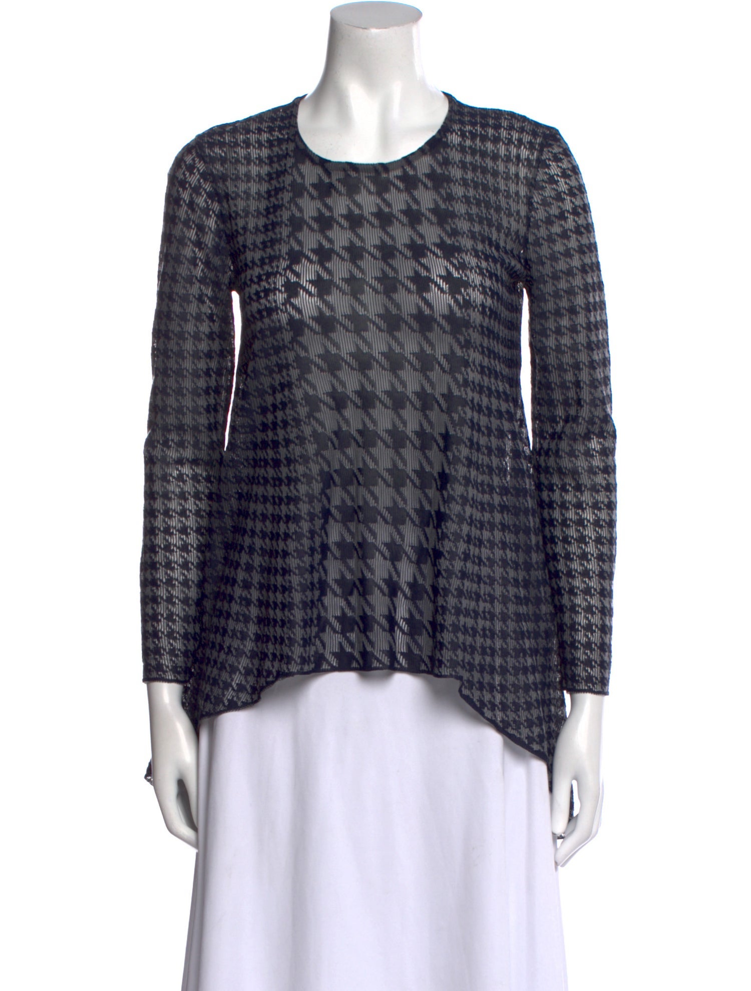 Christian Dior Houndstooth Print Crew Neck Blouse - Blue Tops Christian Dior Houndstooth Print Crew Neck Blouse - Blue Tops