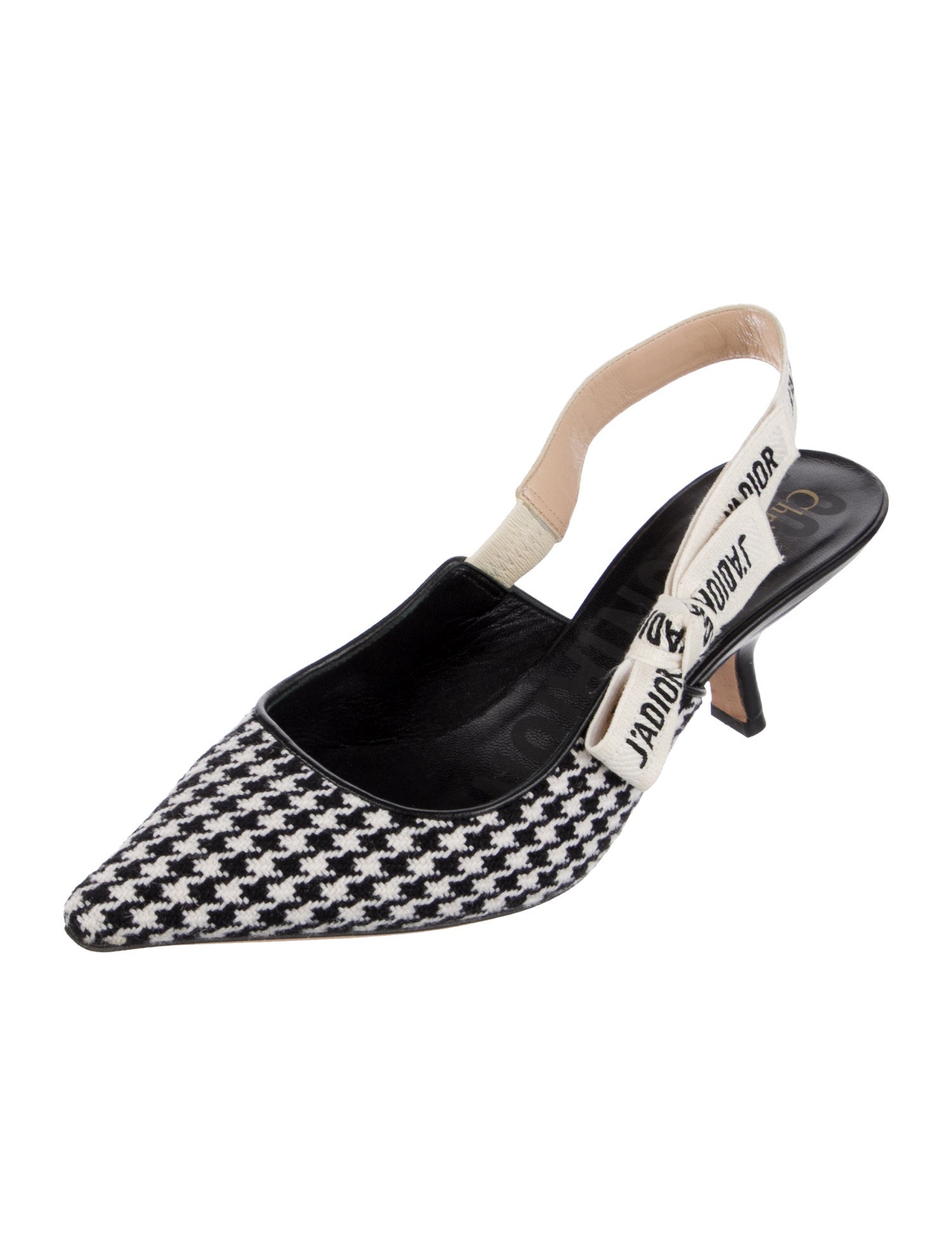 Christian Dior Houndstooth Print Leather Trim Embellishment Slingback Pumps