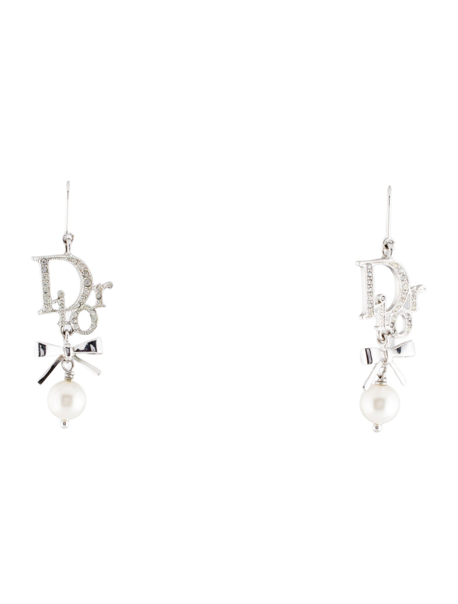 Christian Dior Faux Pearl & Crystal Logo Drop Earrings