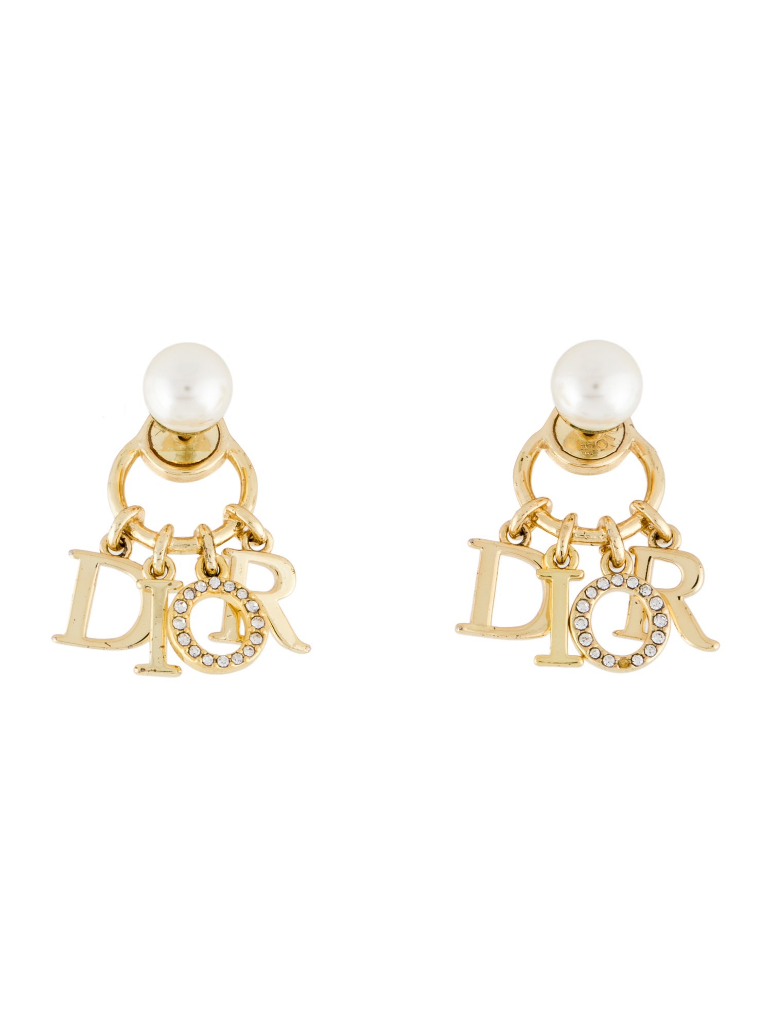 Christian Dior Faux Pearl & Crystal Logo Tribales Earrings