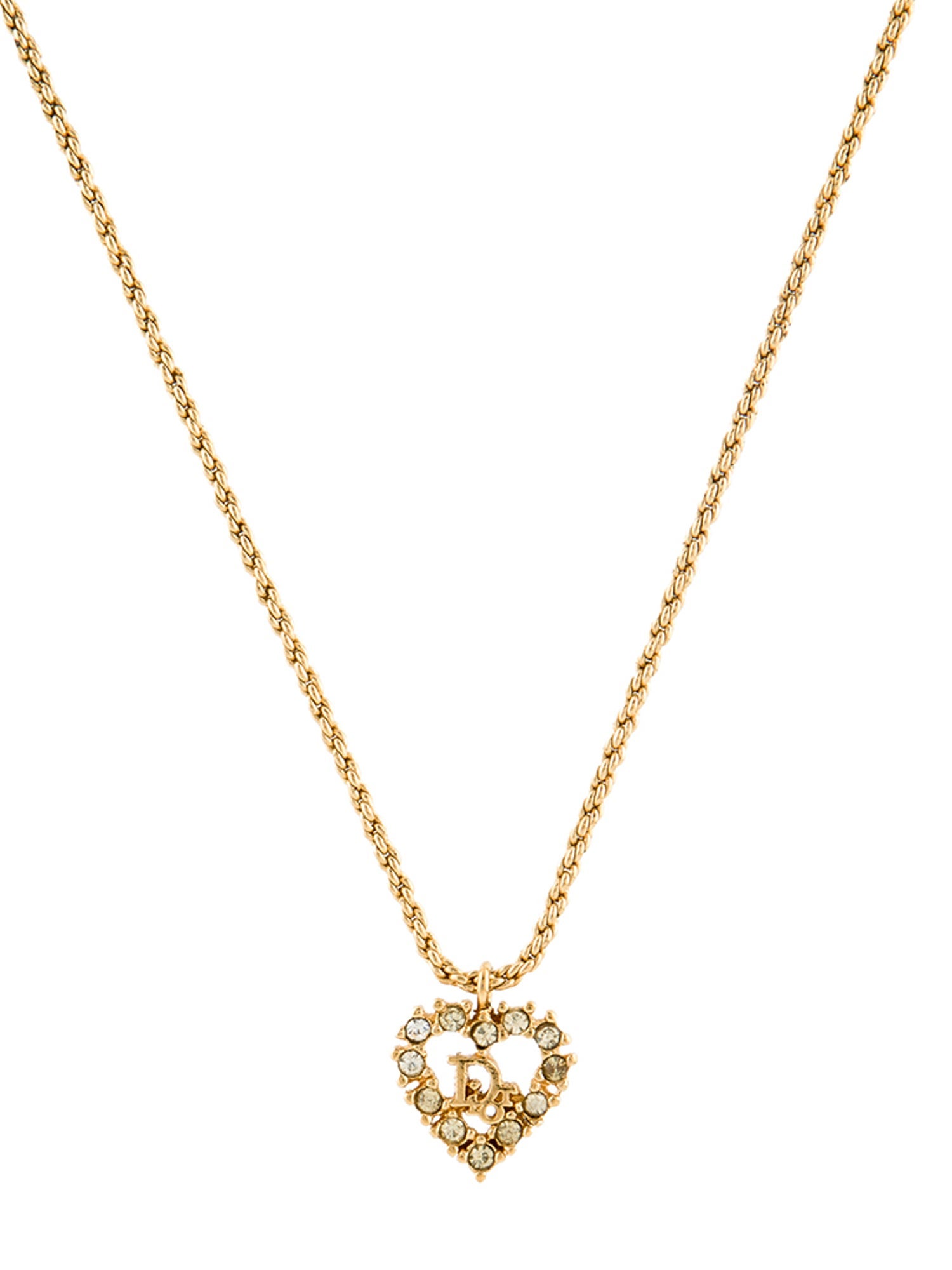 Christian Dior Vintage Crystal Logo Heart Pendant Necklace
