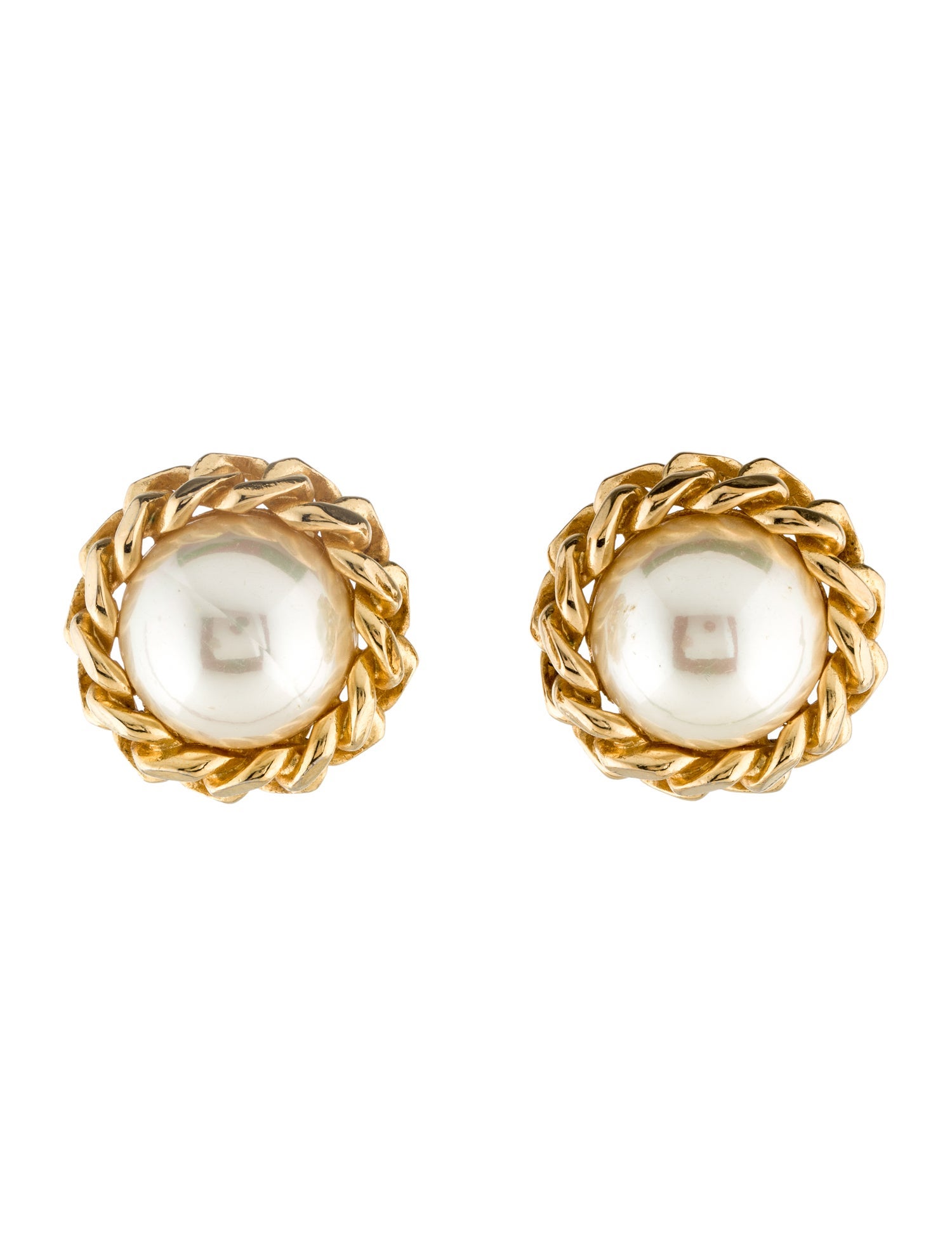 Christian Dior Vintage Faux Pearl Chain Link Clip-On Earrings