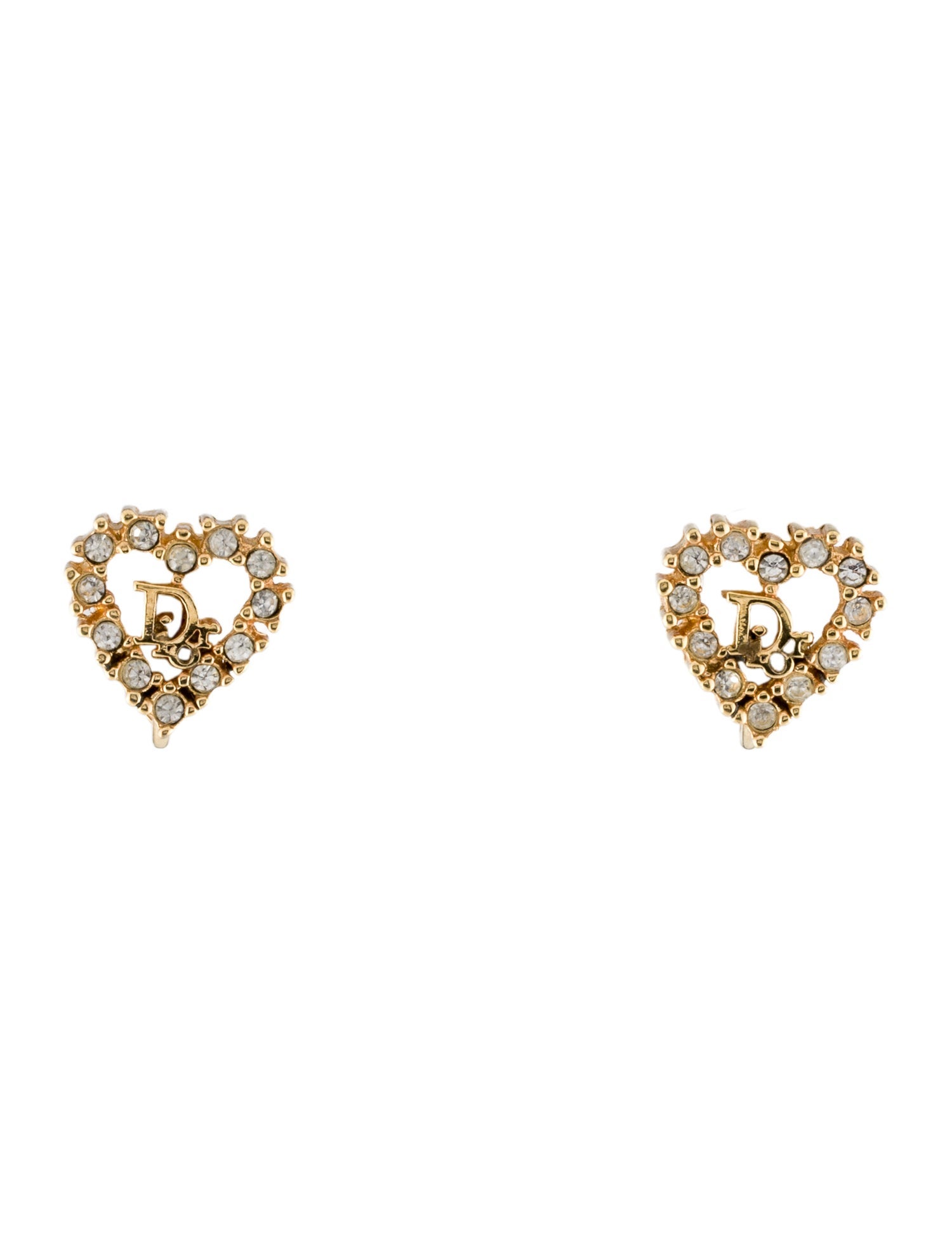 Christian Dior Vintage Crystal Heart Logo Clip-On Earrings