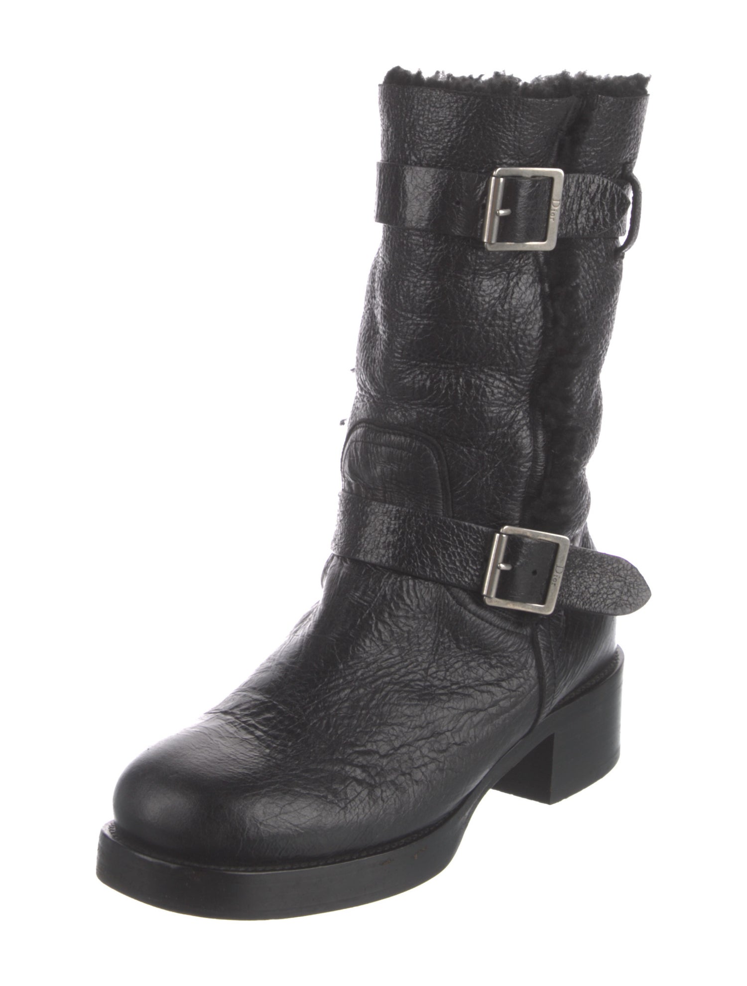 Christian Dior Leather Fur Trim Moto Boots