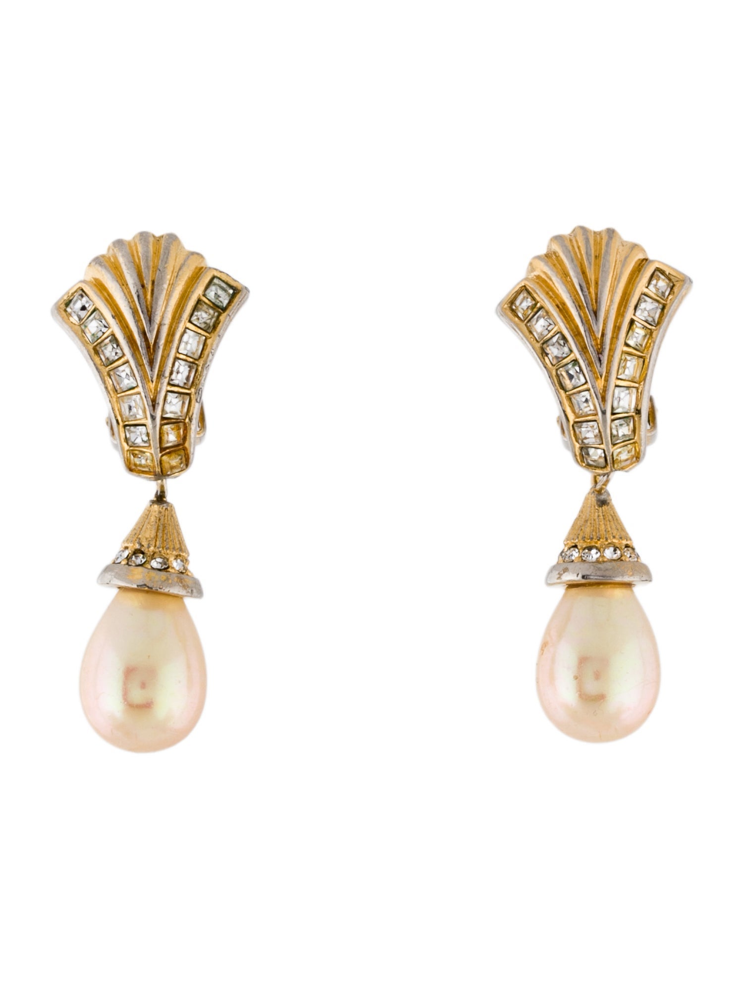 Christian Dior Vintage Faux Pearl & Crystal Drop Clip-On Earrings