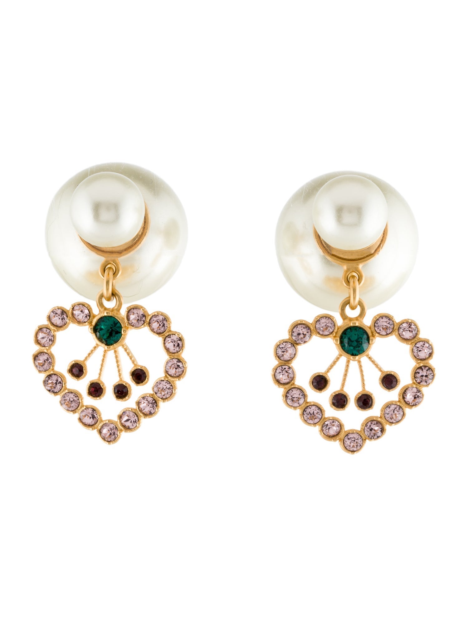 Christian Dior Faux Pearl & Crystal Heart Drop Tribales Earrings
