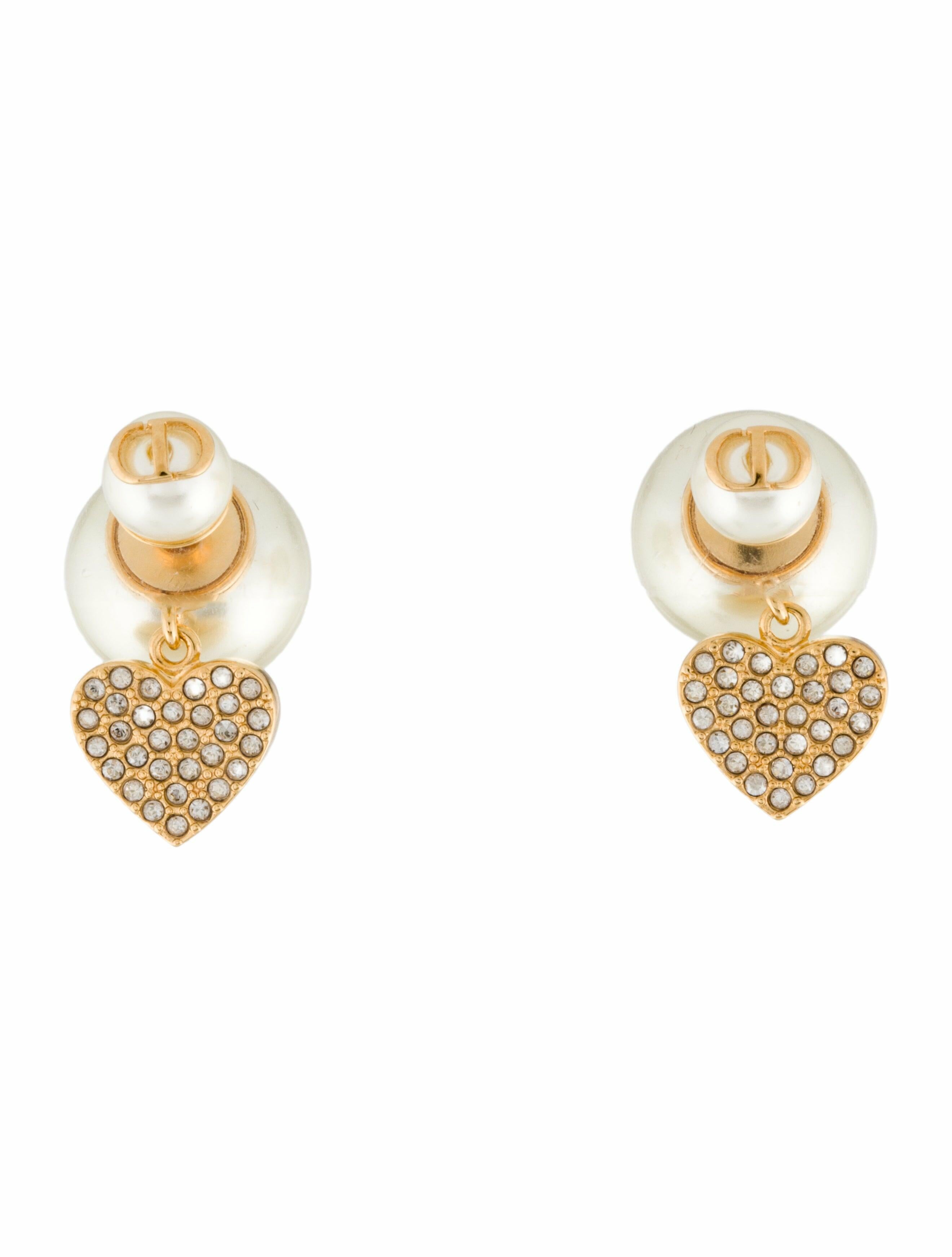 Christian Dior Crystal & Faux Pearl ABCDior Tribales Heart Stud Earrings
