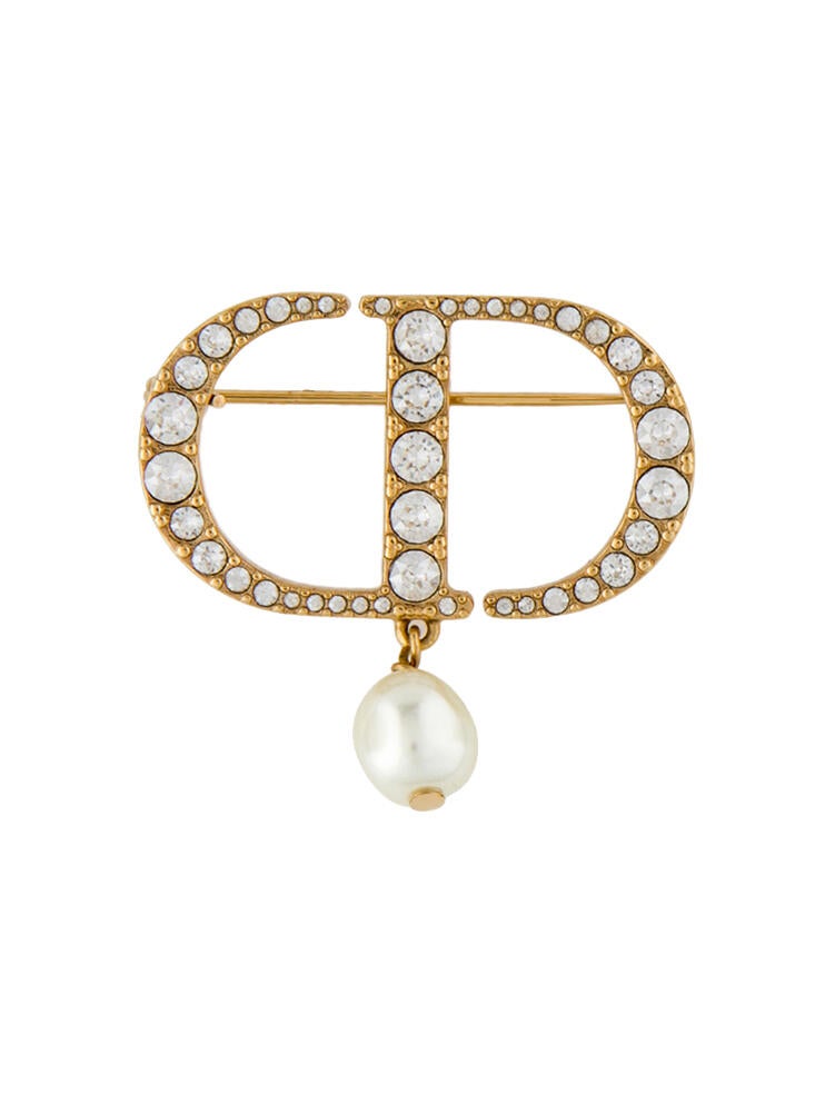 Christian Dior Resin Faux Pearl & Crystal Petit CD Brooch Pin