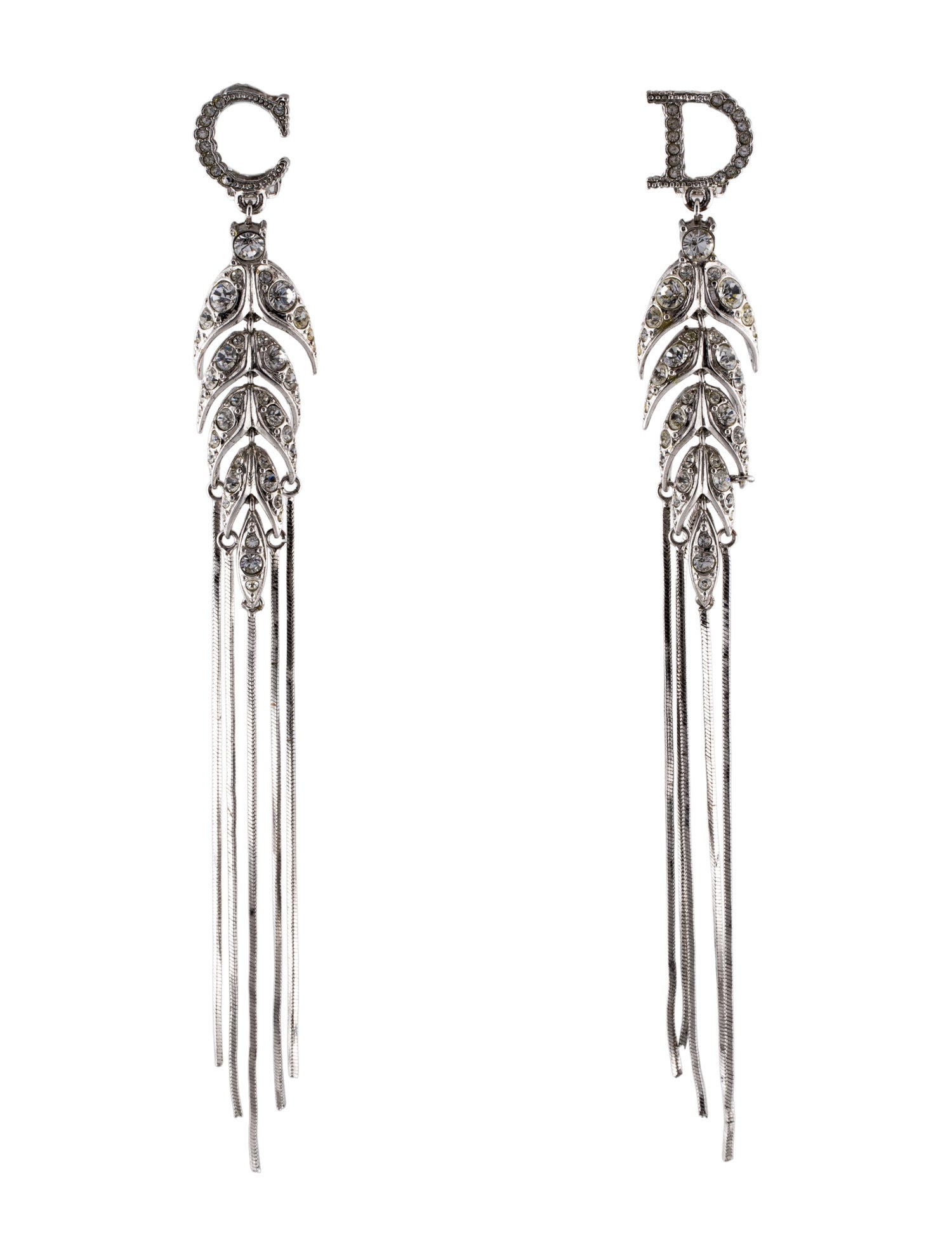 Christian Dior Vintage Crystal CD Tassel Drop Clip-On Earrings