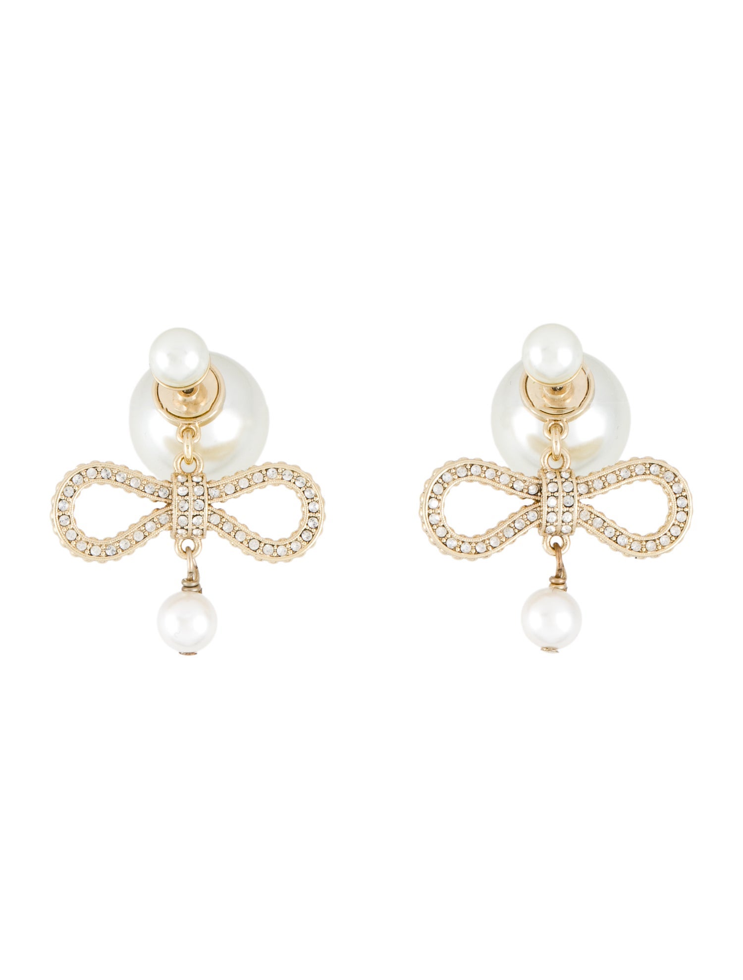 Christian Dior Resin Faux Pearl & Crystal Bow Tribales Drop Earrings