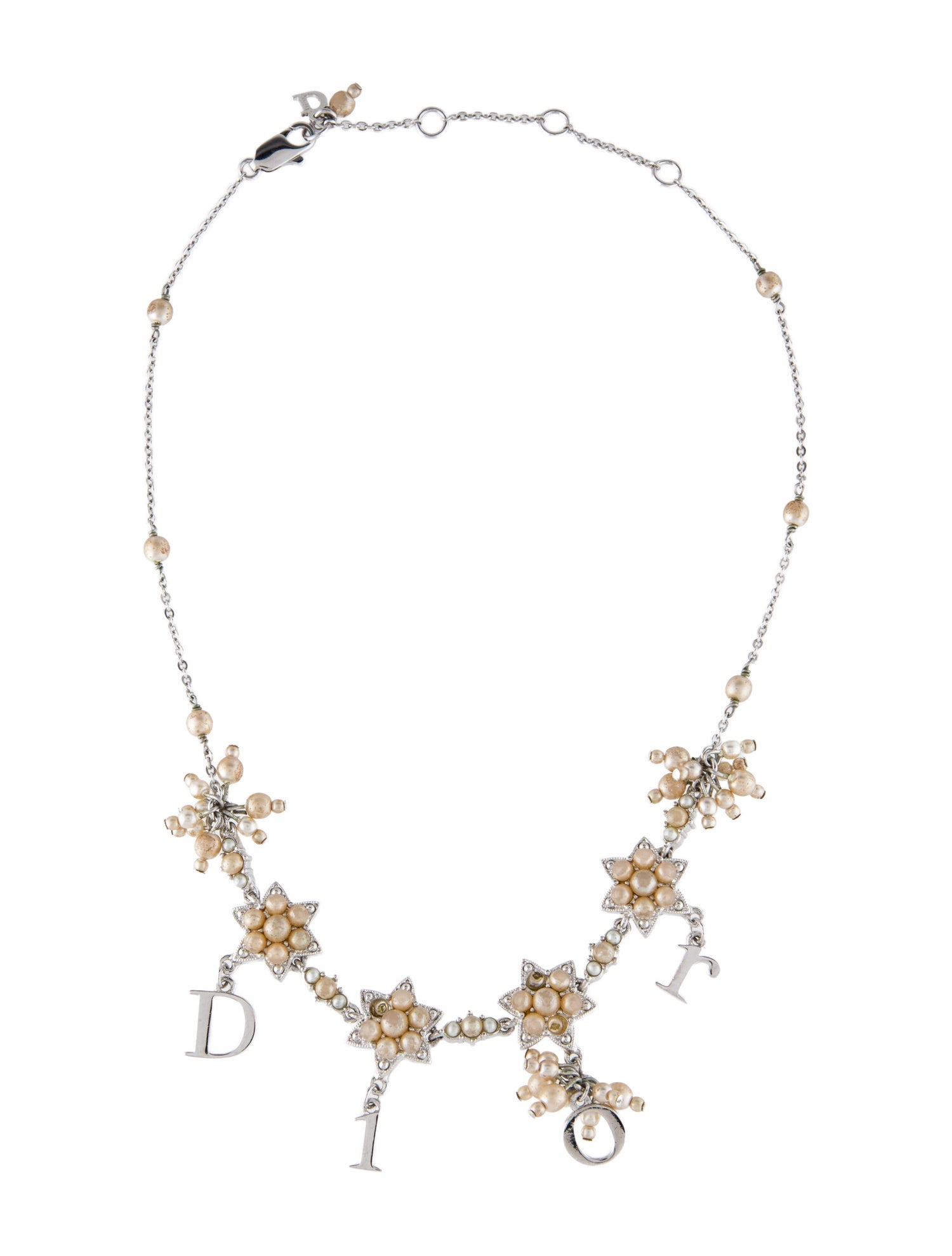 Christian Dior Vintage Faux Pearl Star Logo Station Collar Necklace