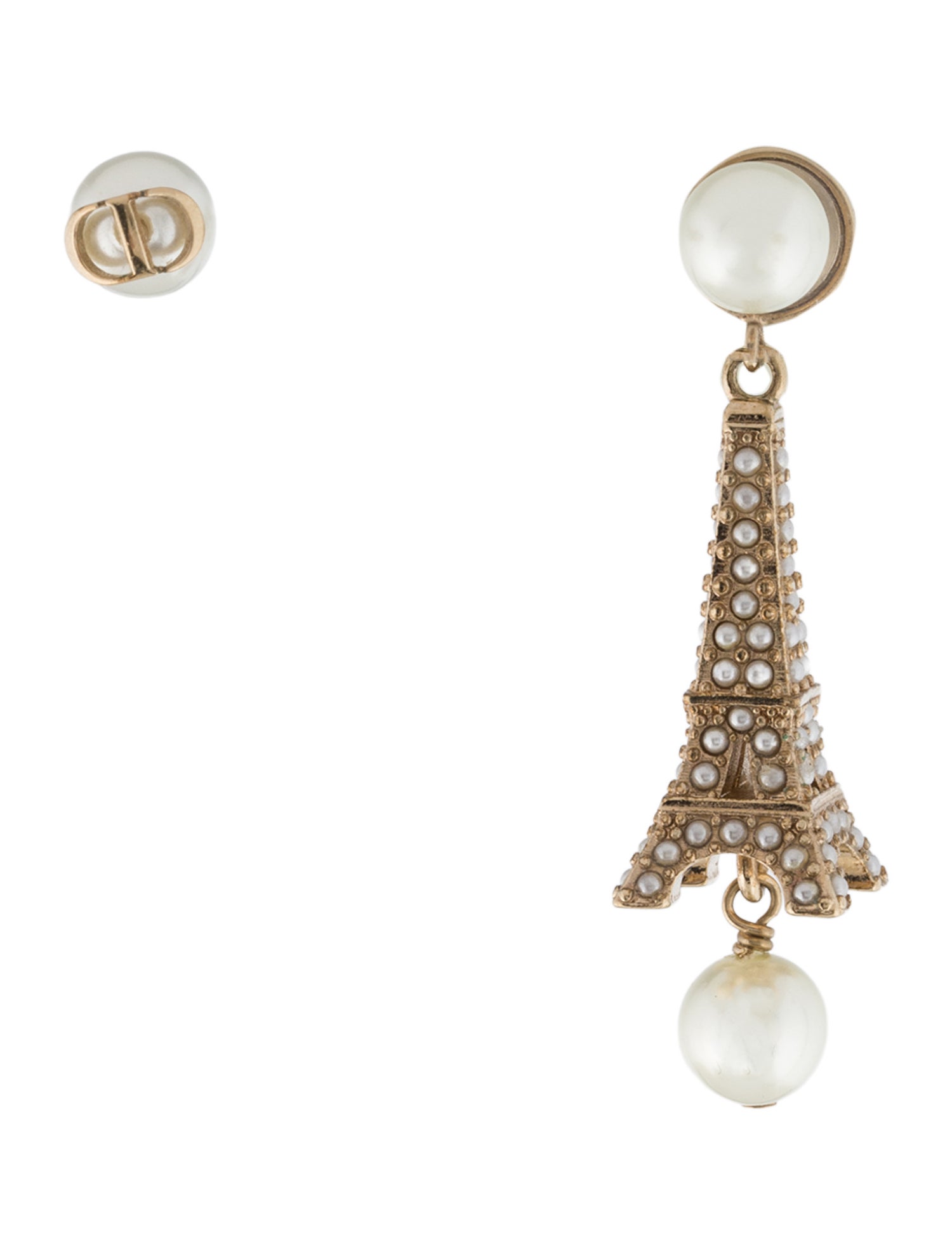 Christian Dior Faux Pearl Eiffel Tower Mismatched Stud Earrings w/ Tags
