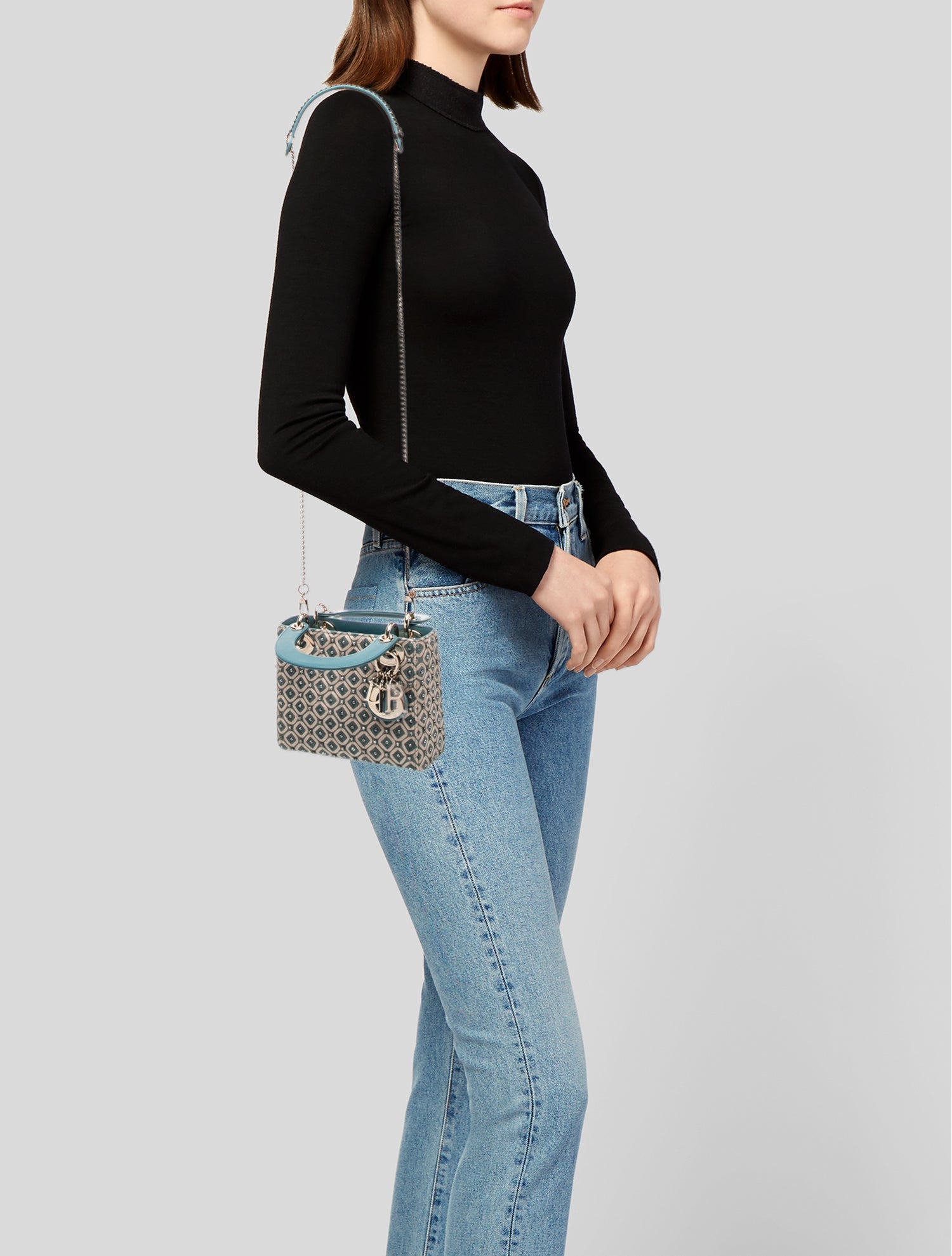 Christian Dior Leather Canvas Lady Dior - Blue Handle Bags