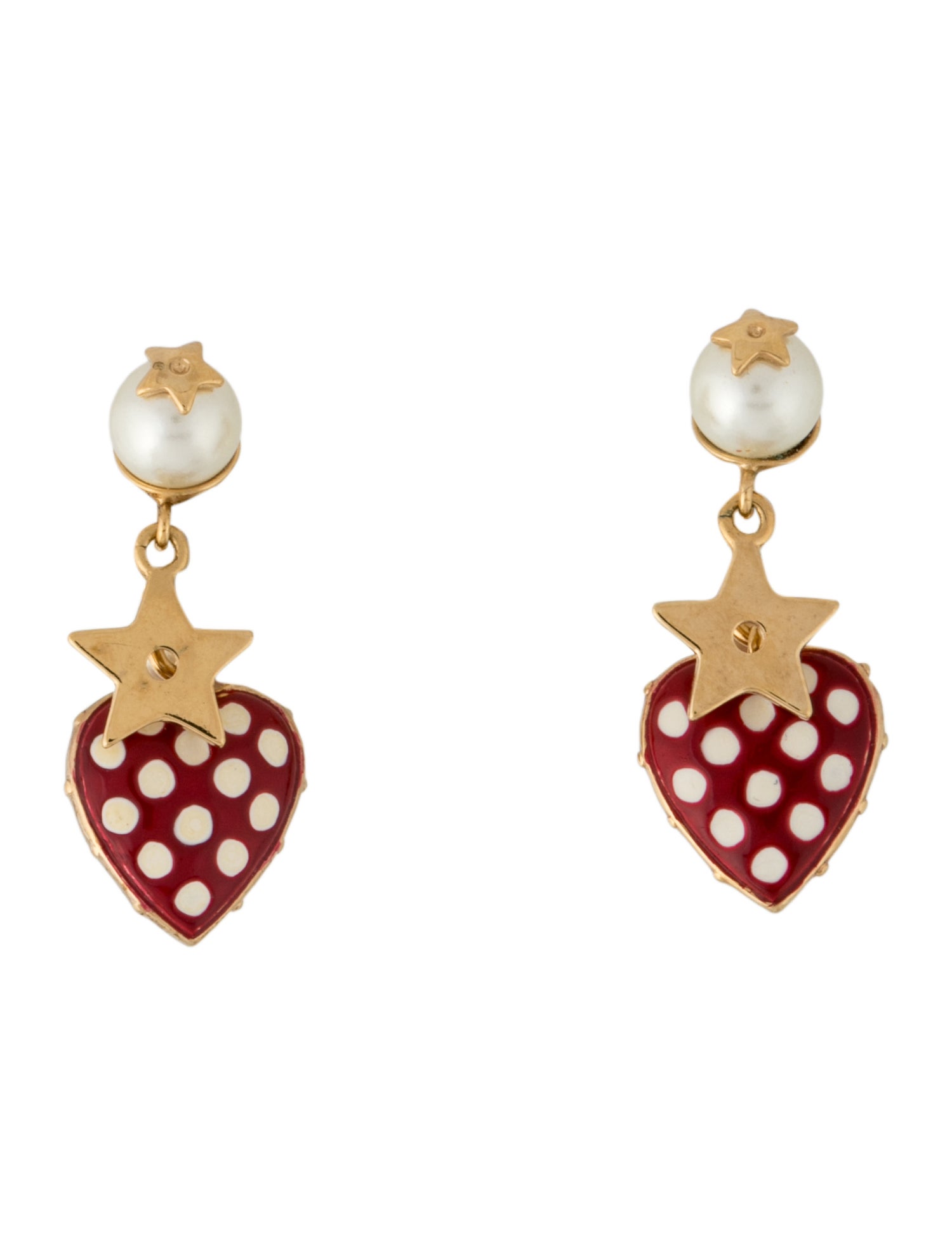 Christian Dior Faux Pearl & Enamel Polka Dot Heart Tribales Earrings