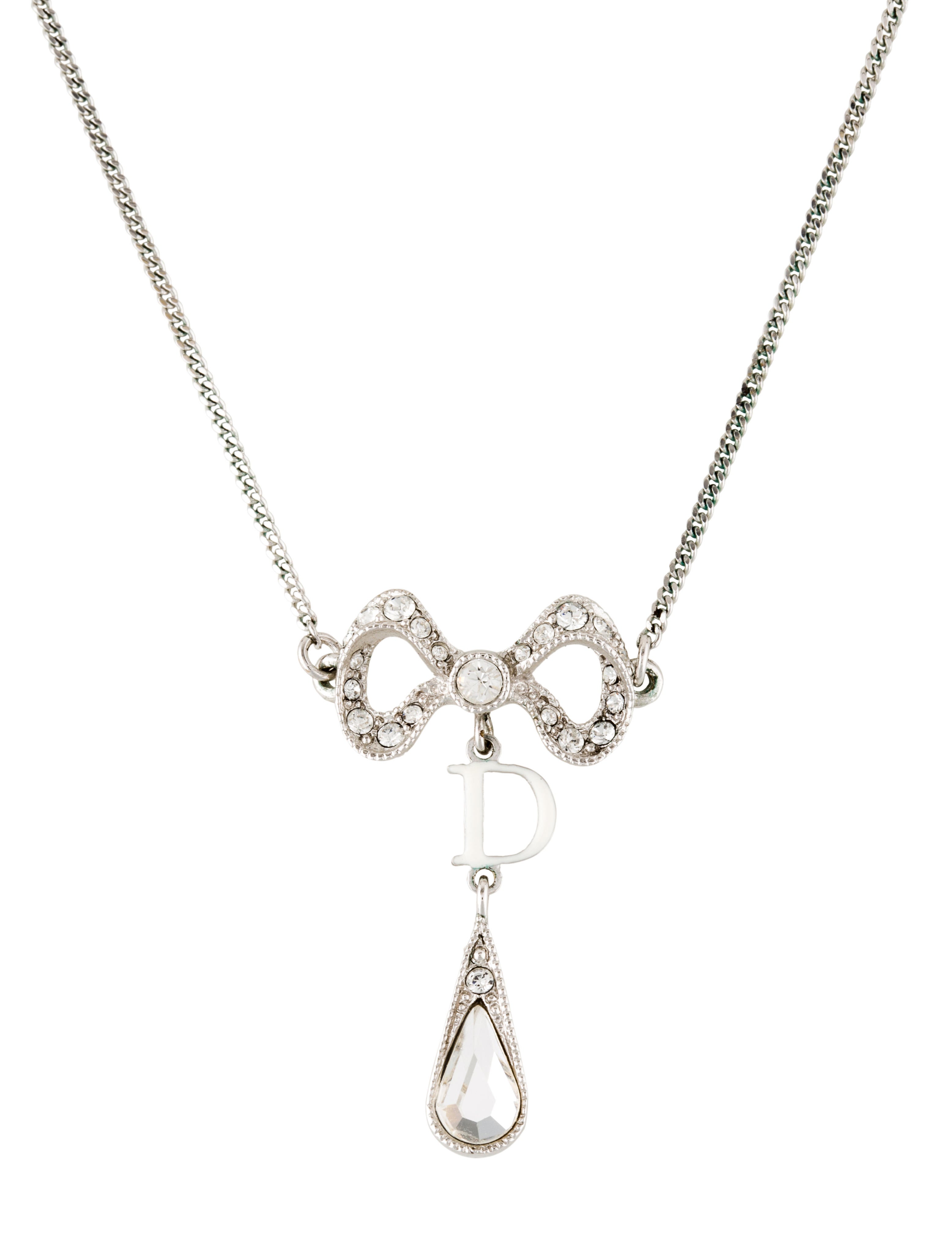 Christian Dior Crystal Bow Pendant Necklace GoldTone Metal Pendant