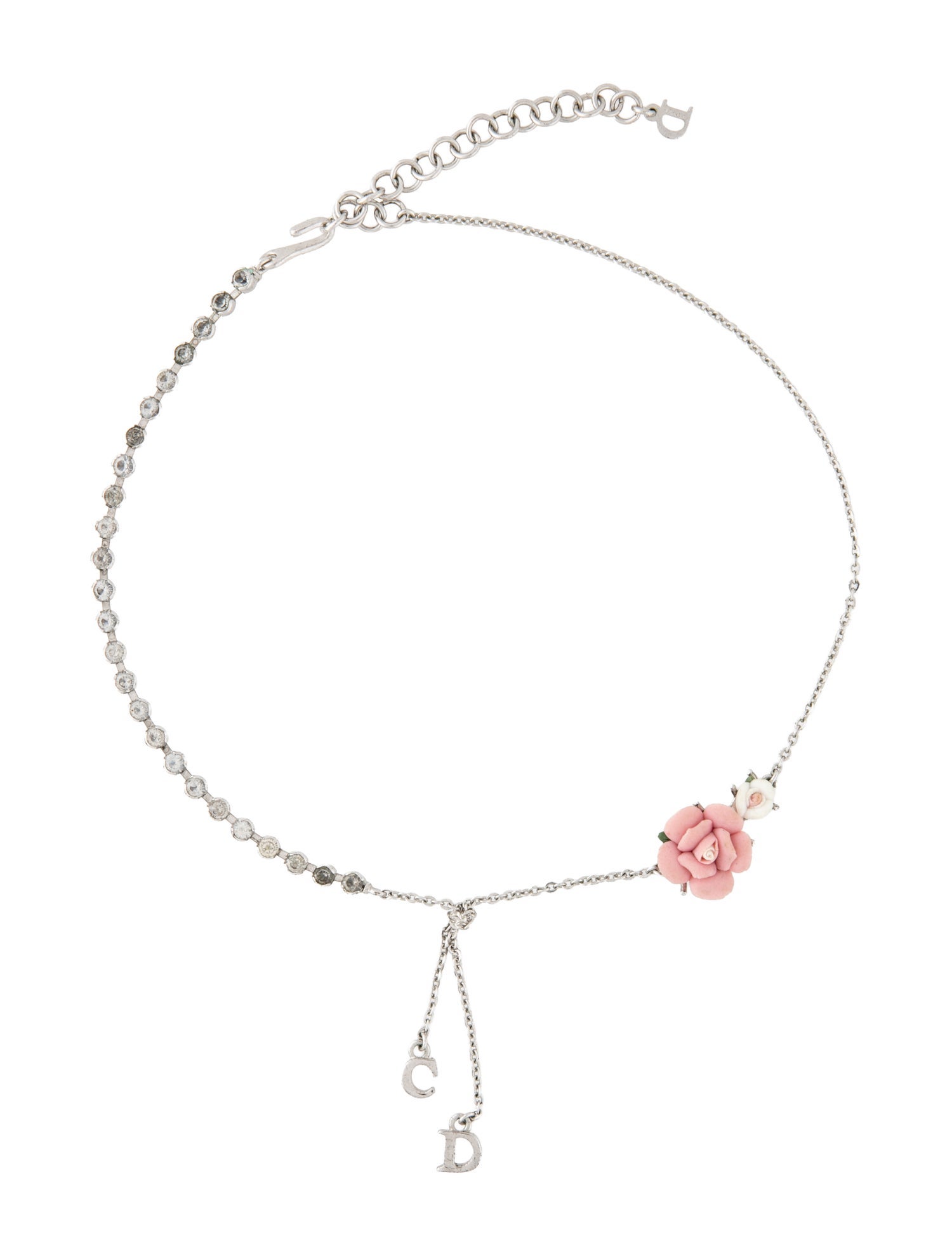 Christian Dior Crystal & Ceramic Flower Pendant Necklace