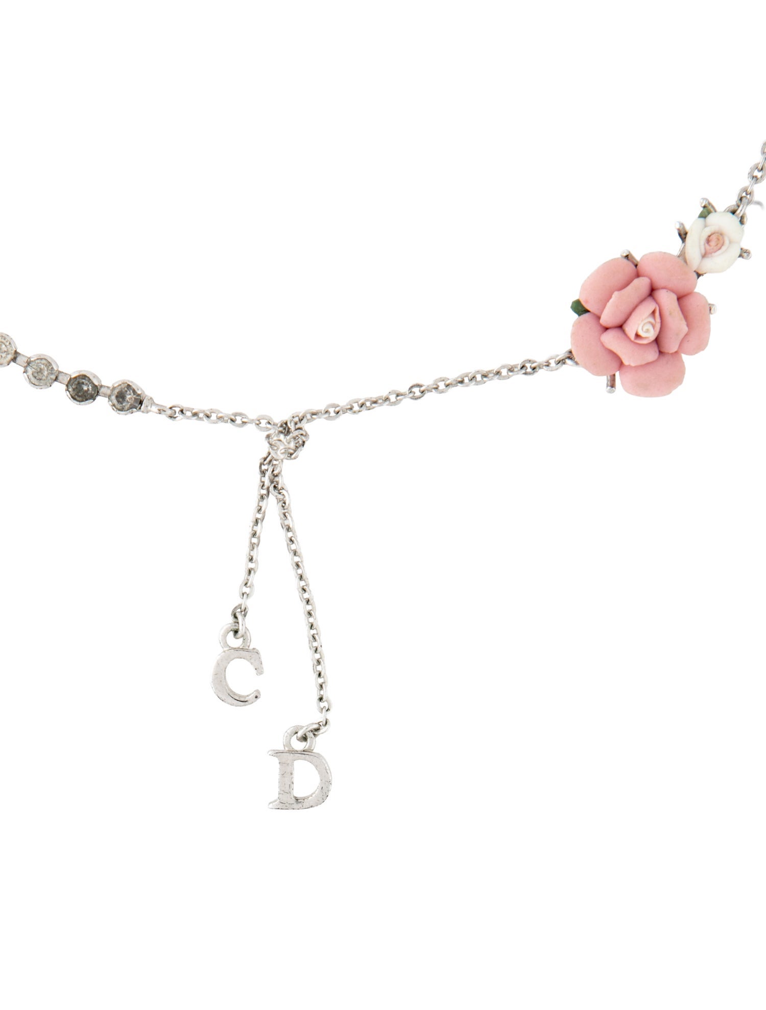 Christian Dior Crystal & Ceramic Flower Pendant Necklace