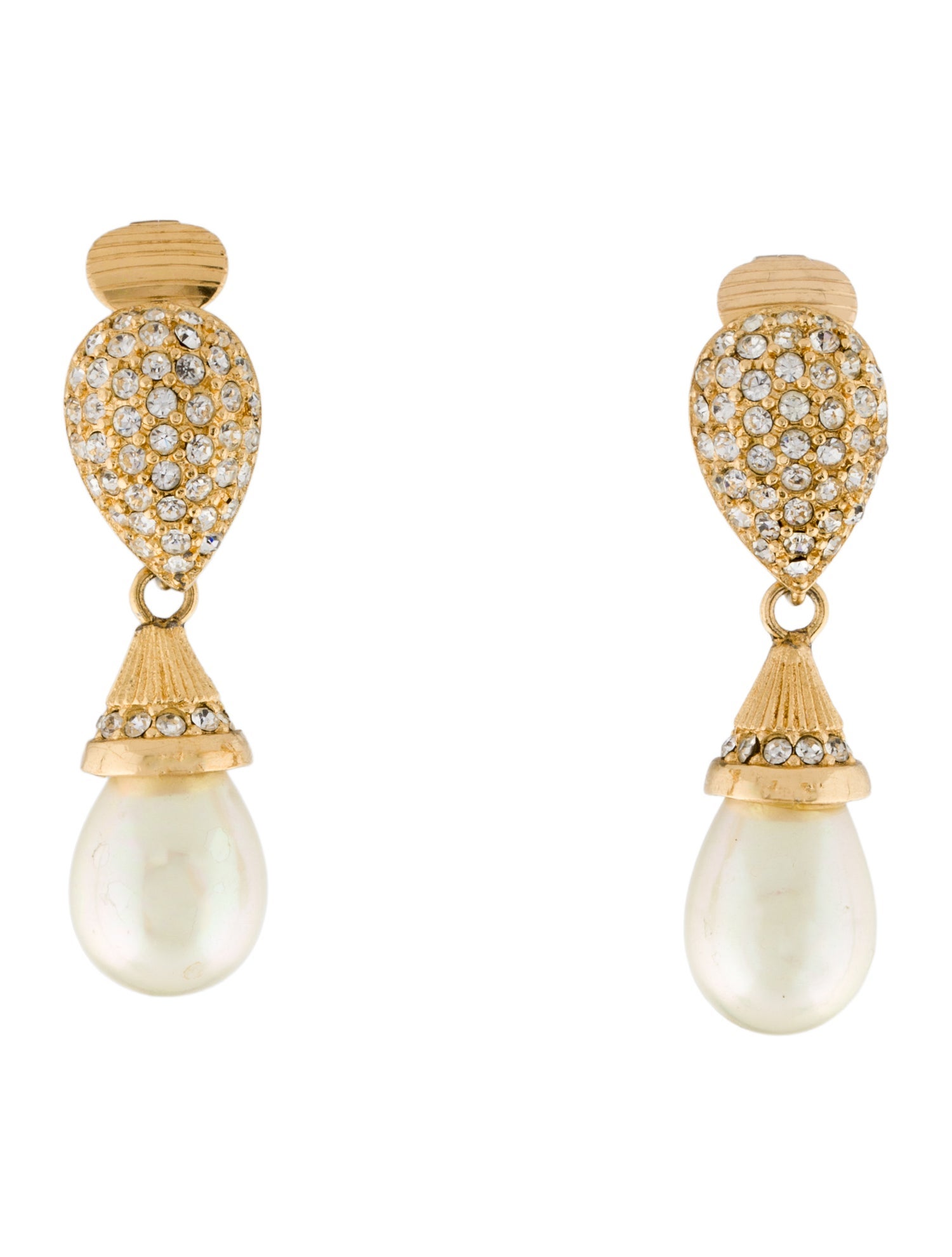 Christian Dior Vintage Faux Pearl & Crystal Drop Clip-On Earrings