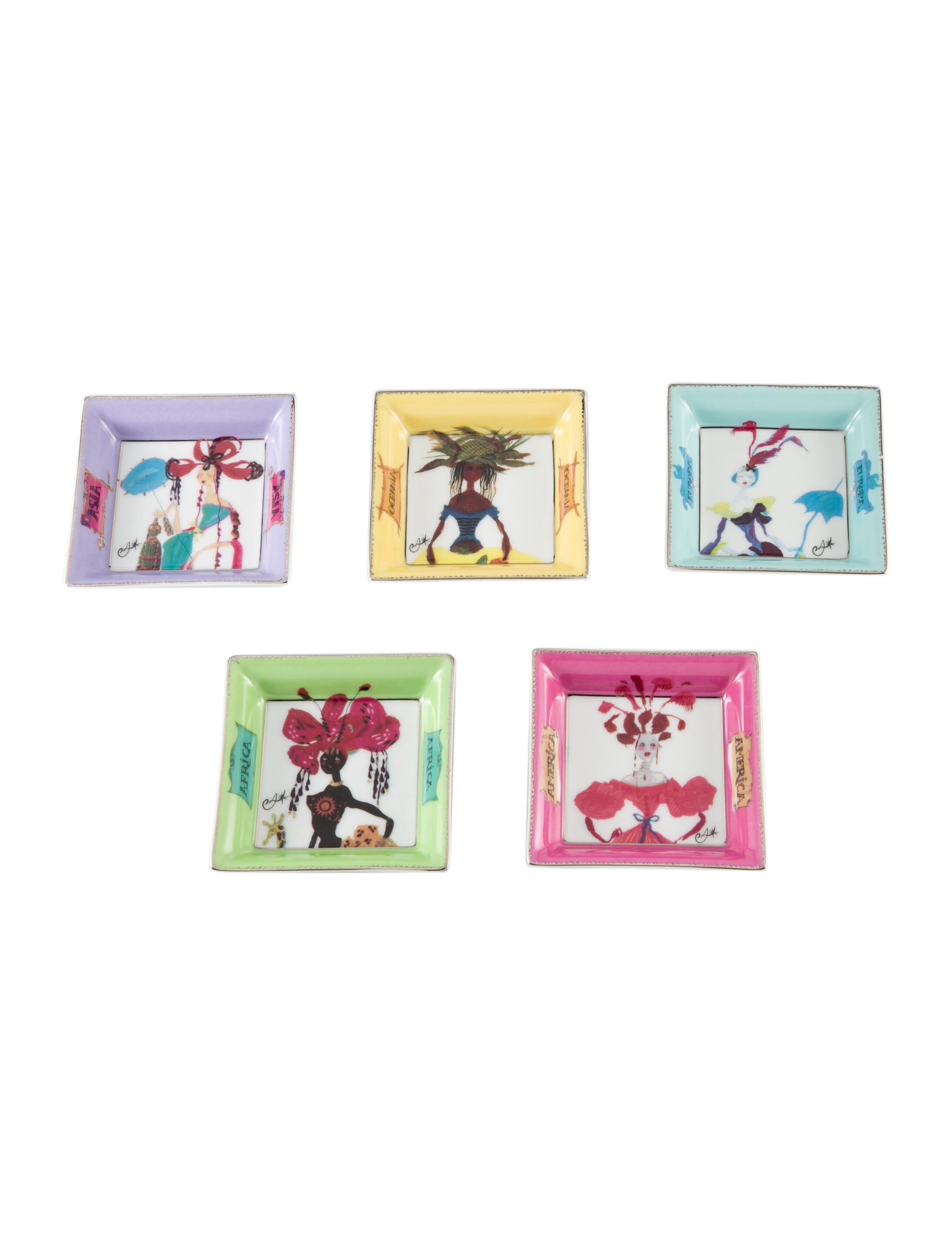 Christian Lacroix Set of 5 Porcelain 5 Continents Trinket Trays White