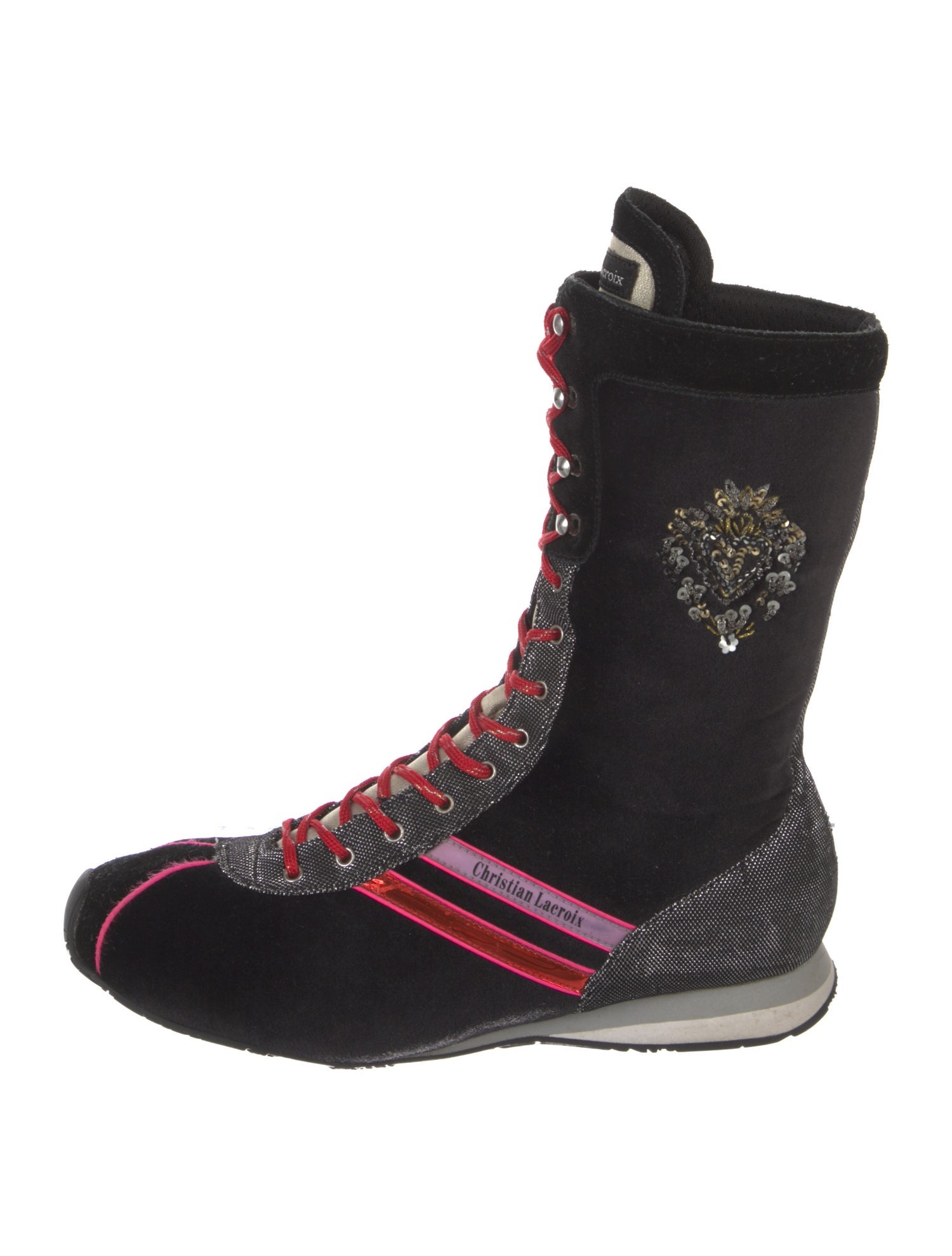 Christian Lacroix Velvet Graphic Print Lace-Up Boots
