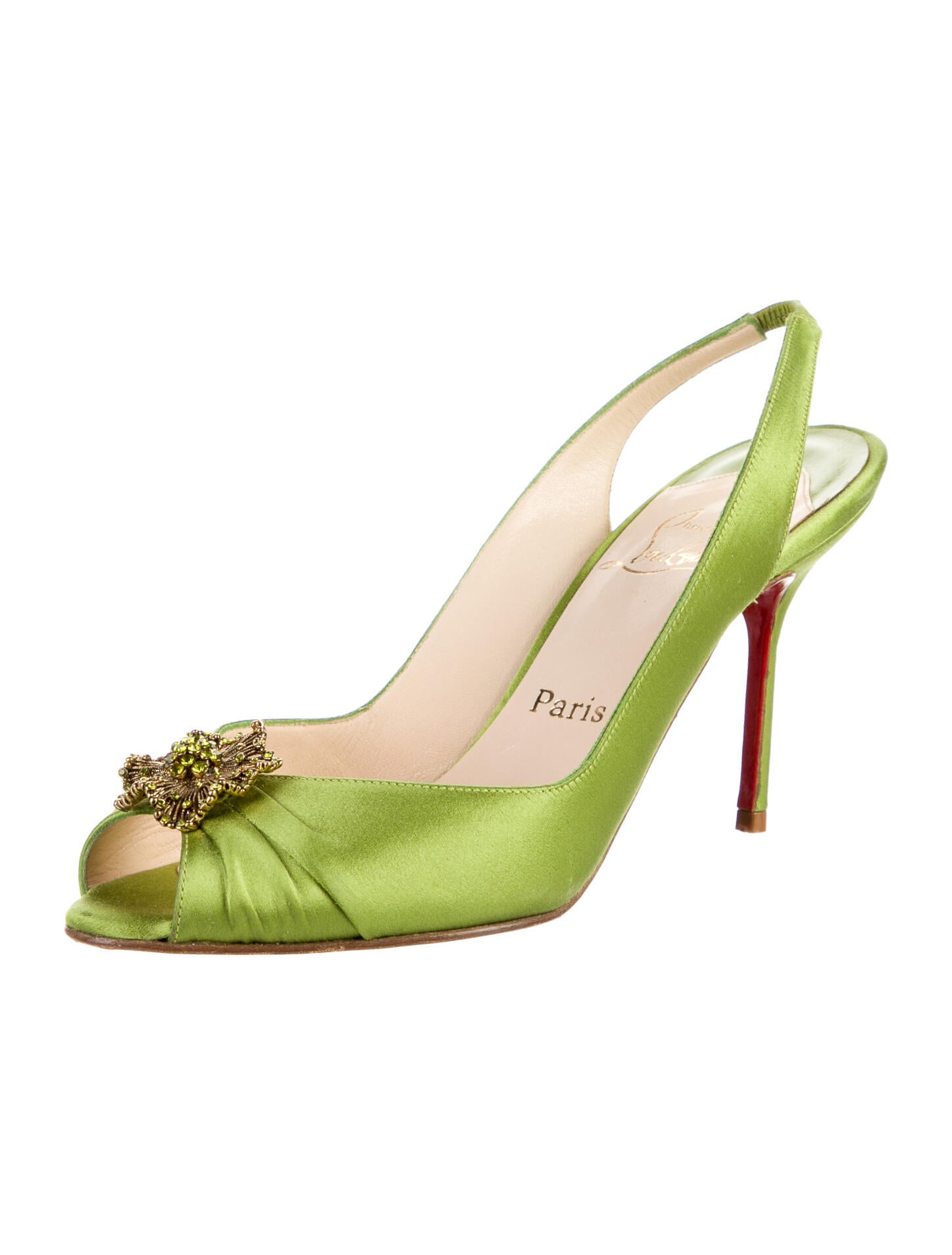 Christian Louboutin Crystal Embellishments Slingback Sandals - Green Sandals, Shoes - CHT193569 