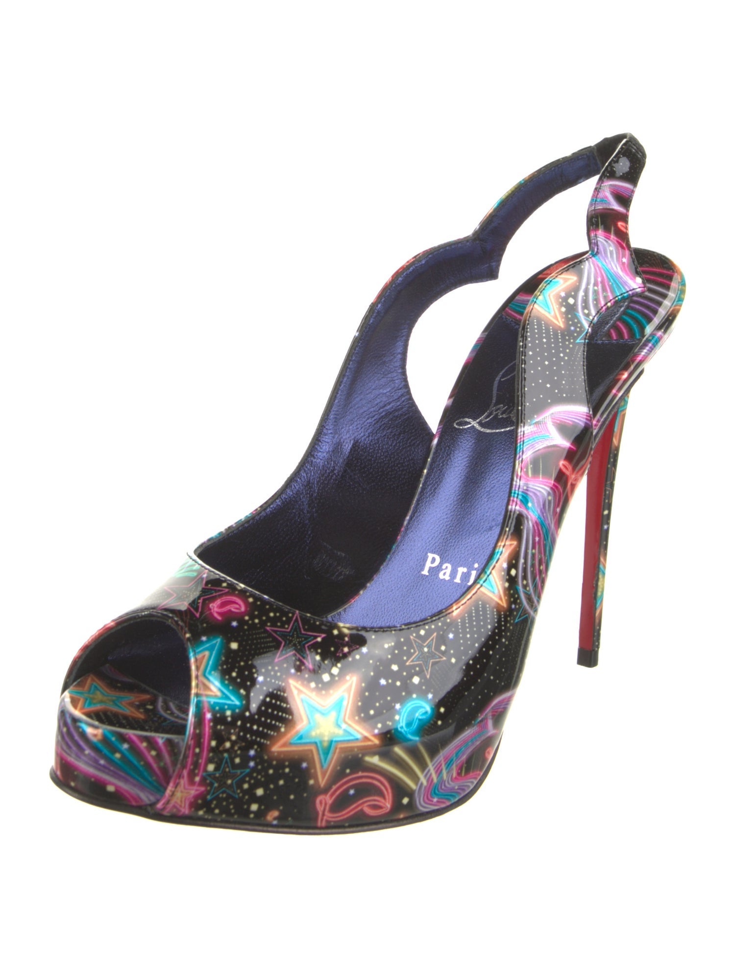 Christian Louboutin Patent Leather Printed Slingback Sandals