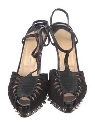 Christian Louboutin Spike Accents Suede T-Strap Pumps