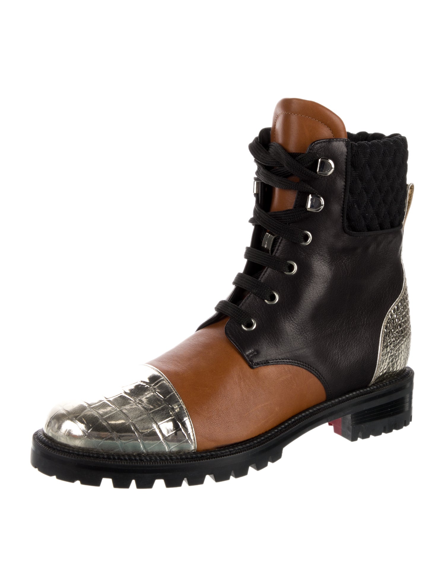 Christian Louboutin Leather Colorblock Pattern Combat Boots