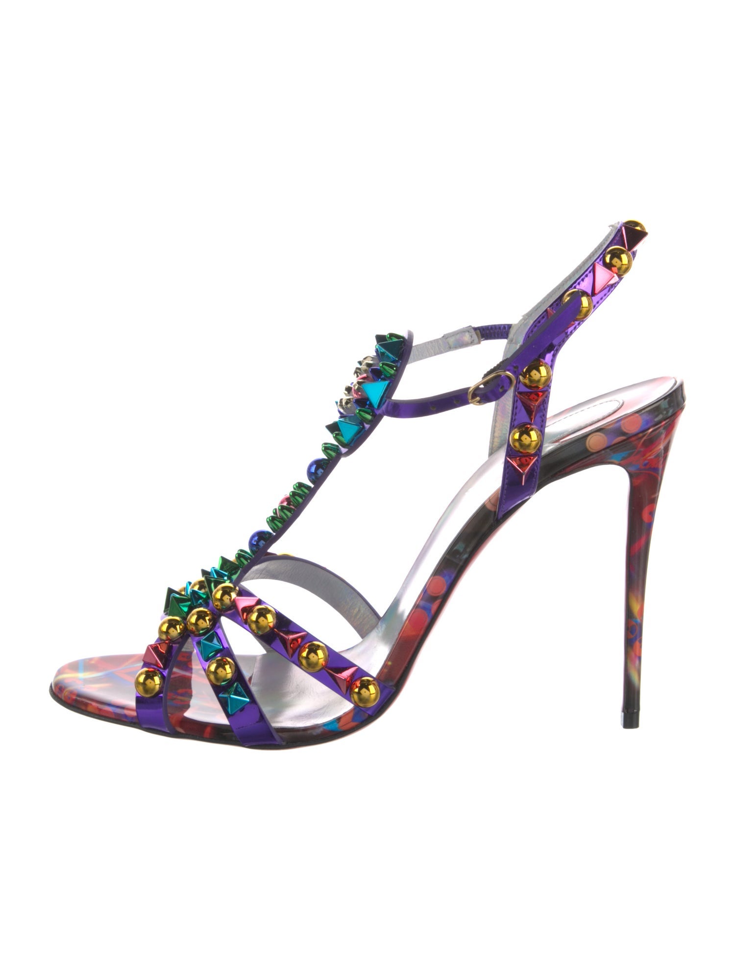 Christian Louboutin Patent Leather Floral Print T-Strap Sandals