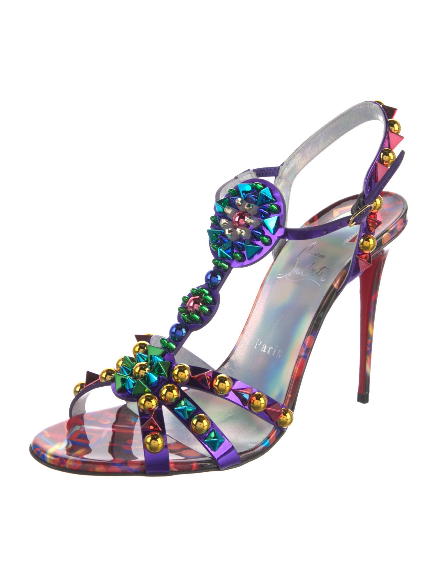 Christian Louboutin Patent Leather Floral Print T-Strap Sandals