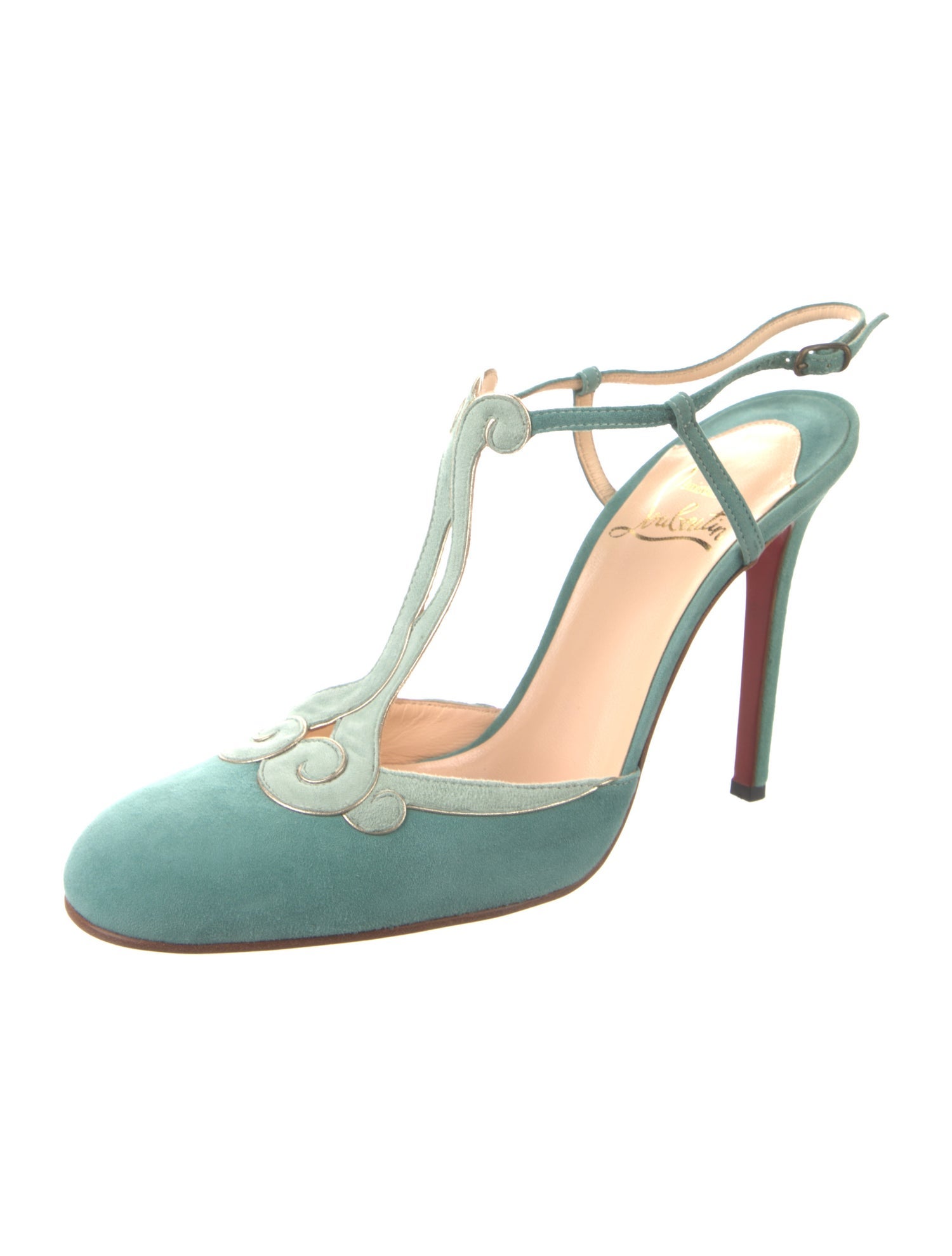 Christian Louboutin Suede Leather Trim Embellishment T-Strap Pumps
