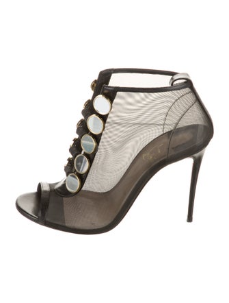 Christian Louboutin Mesh Leather Trim Embellishment T-Strap Pumps