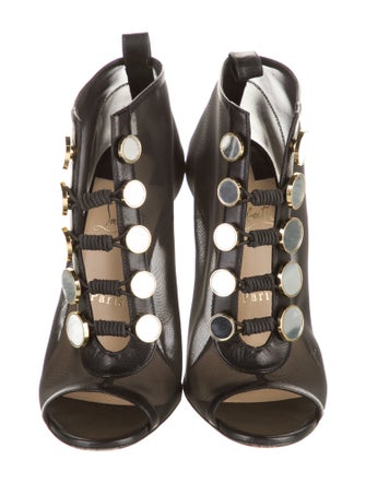 Christian Louboutin Mesh Leather Trim Embellishment T-Strap Pumps